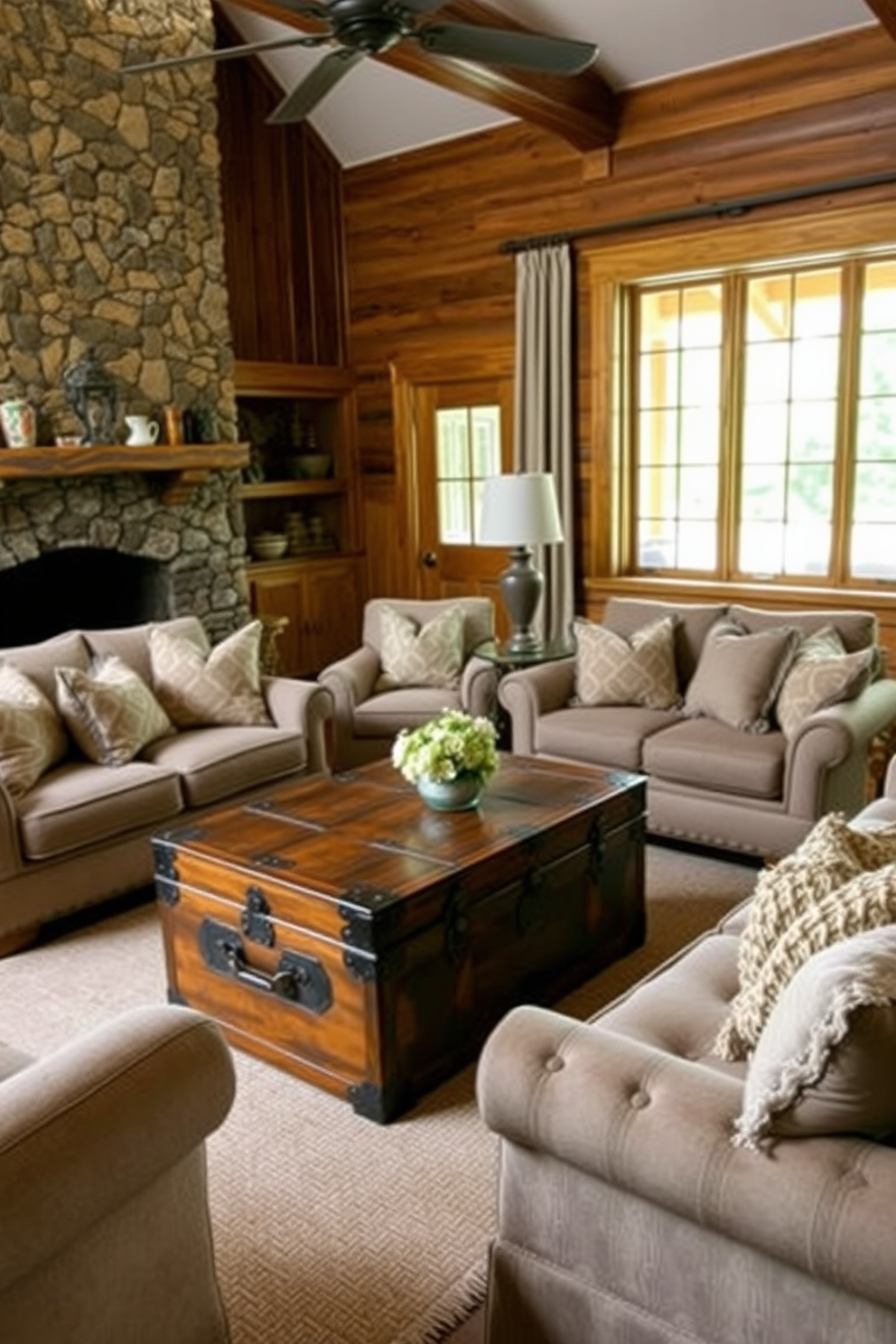 A rustic family room features an antique trunk serving as a coffee table, surrounded by a cozy seating arrangement of plush sofas and armchairs. The walls are adorned with warm wood paneling, and a stone fireplace adds charm and warmth to the space. Soft, earthy tones dominate the color palette, complemented by textured throw pillows and woven blankets. Natural light floods the room through large windows, enhancing the inviting atmosphere.