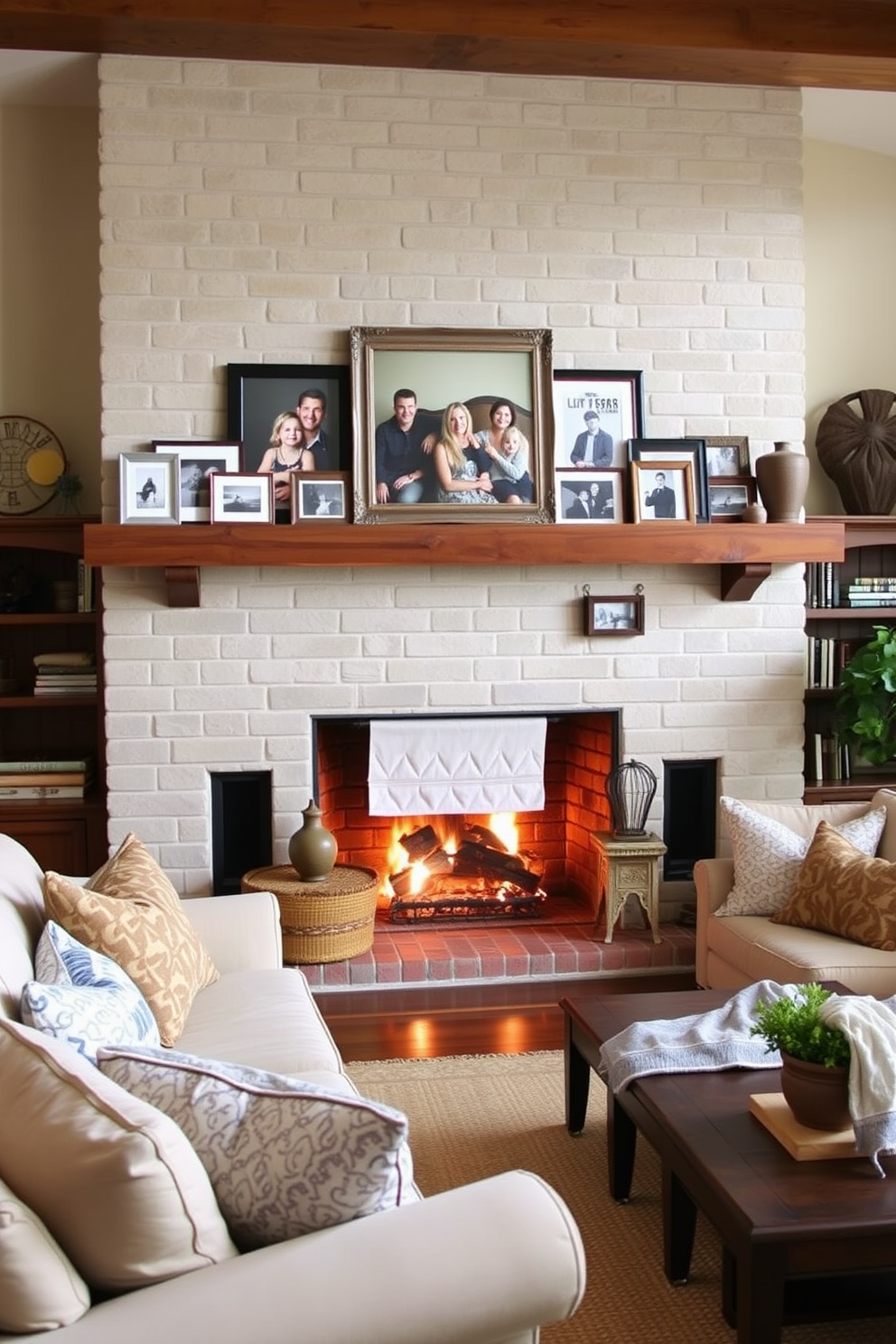 A cozy family room featuring a reclaimed wood mantel adorned with cherished family photos. The space is filled with comfortable seating, warm lighting, and rustic decor elements that create an inviting atmosphere.