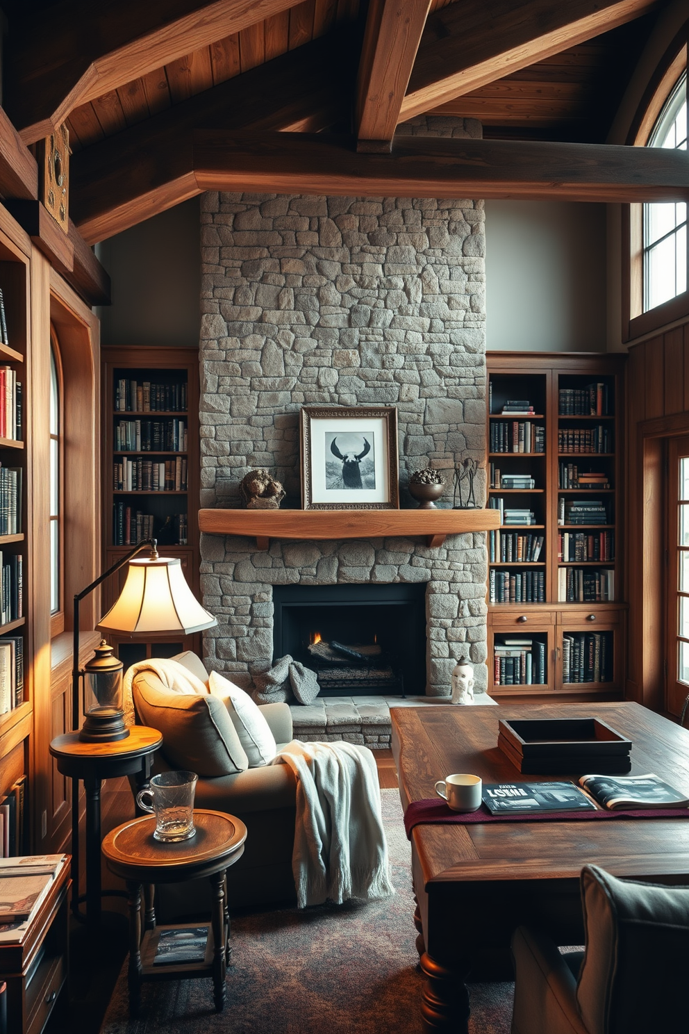 Cozy reading nook by the fireplace. A plush armchair is positioned near a stone fireplace, surrounded by built-in bookshelves filled with an array of books and decorative items. Soft lighting from a vintage floor lamp creates a warm ambiance. A small wooden side table holds a steaming cup of tea and a cozy blanket draped over the armchair. Rustic home library design ideas. Exposed wooden beams line the ceiling, and the walls are adorned with rich wood paneling for a warm, inviting feel. A large farmhouse-style table serves as a central workspace, surrounded by comfortable seating options. Natural light floods the space through large windows, enhancing the rustic charm.