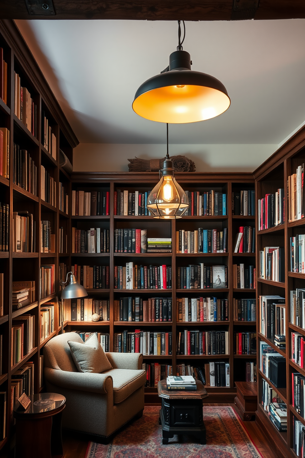 A cozy home library with rustic charm featuring wooden shelves filled with books. Soft, warm lighting from hanging pendant lights creates an inviting atmosphere for reading and relaxation.