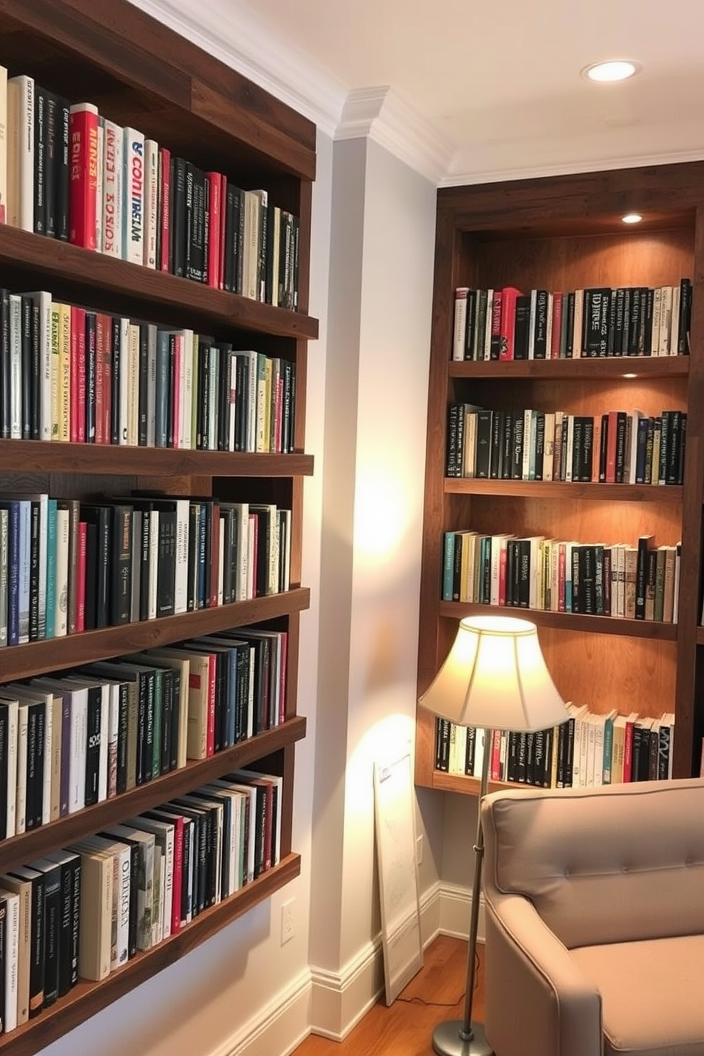 A cozy rustic home library featuring wall-mounted book displays made of reclaimed wood. The space is illuminated by warm lighting, creating an inviting atmosphere for reading and relaxation.