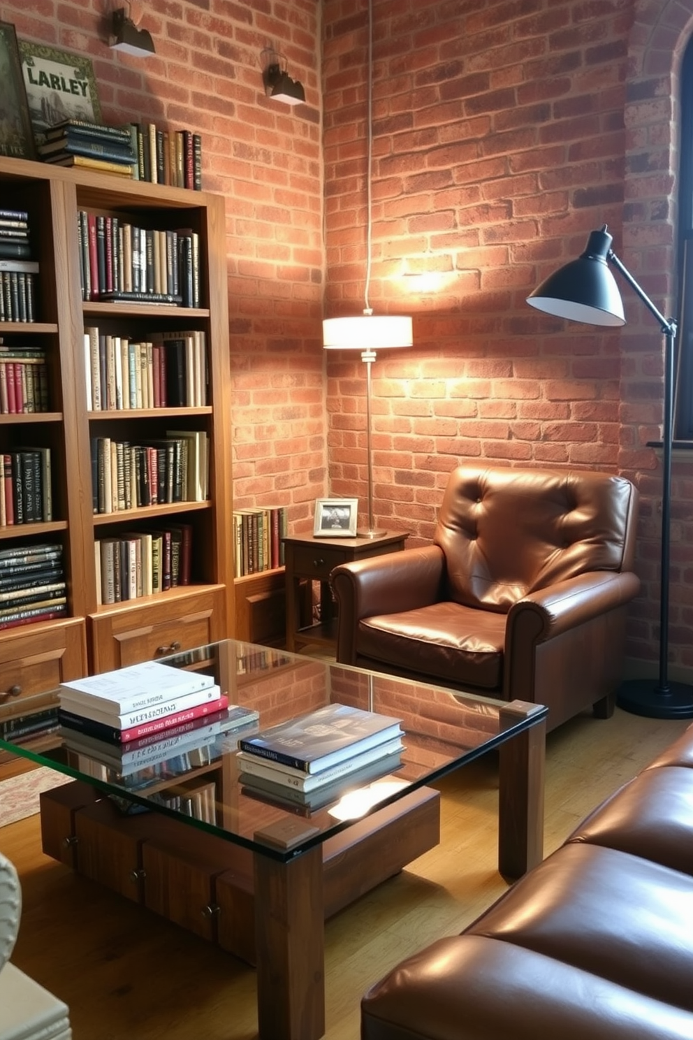 A cozy home library that blends rustic charm with modern elegance. The space features a reclaimed wood bookshelf filled with vintage books alongside a sleek glass coffee table. A large leather armchair with a contemporary design sits in the corner, complemented by a distressed wooden side table. Warm lighting from a stylish floor lamp creates an inviting atmosphere, enhancing the rich texture of the exposed brick wall.