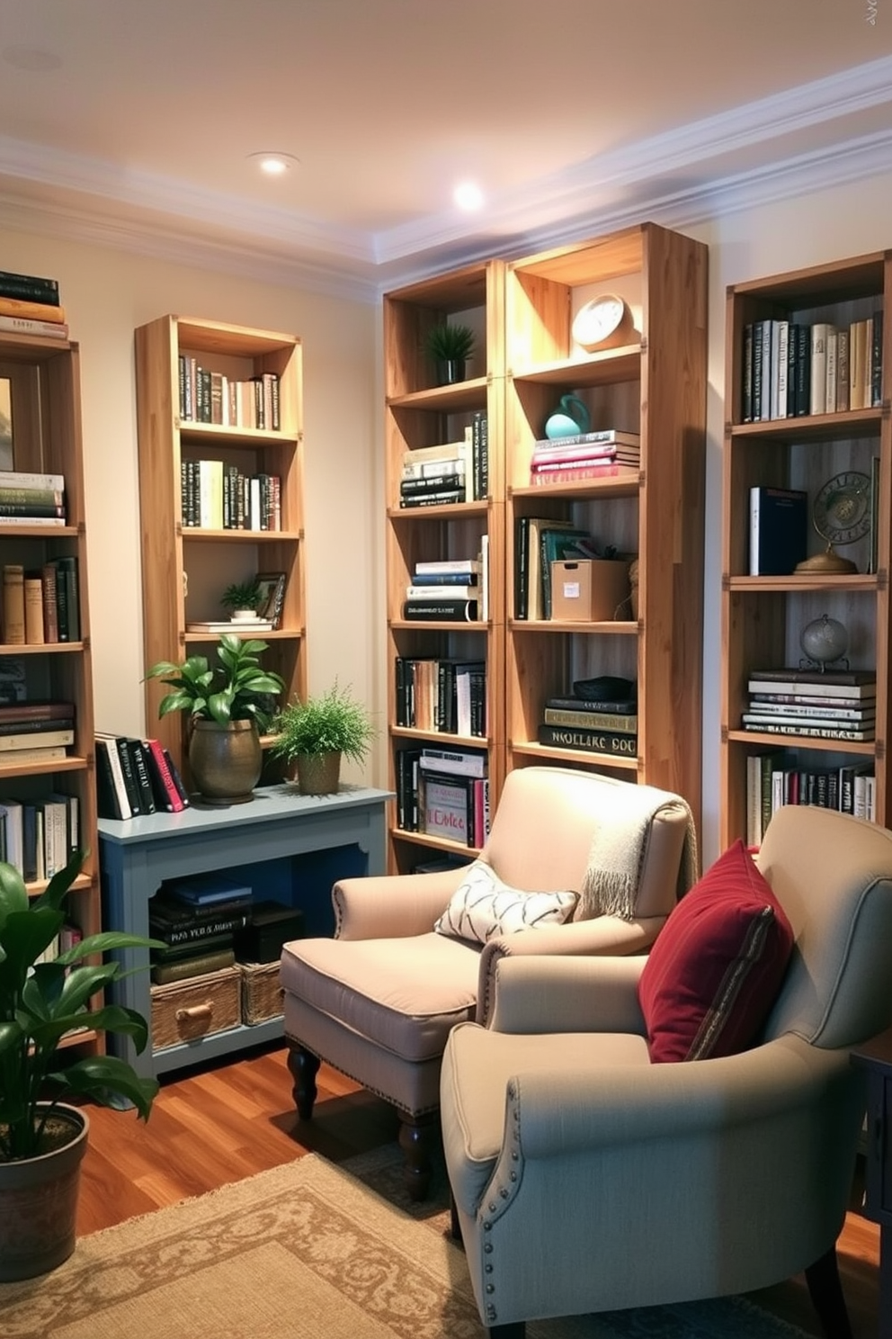 A cozy home library featuring wooden crates as stylish storage solutions. The crates are arranged creatively along the walls, filled with books and decorative items, creating an inviting and organized atmosphere. Soft, warm lighting illuminates the space, highlighting the natural wood tones of the crates. Plush seating options, such as a vintage armchair and a small reading nook, add comfort and charm to the rustic design.