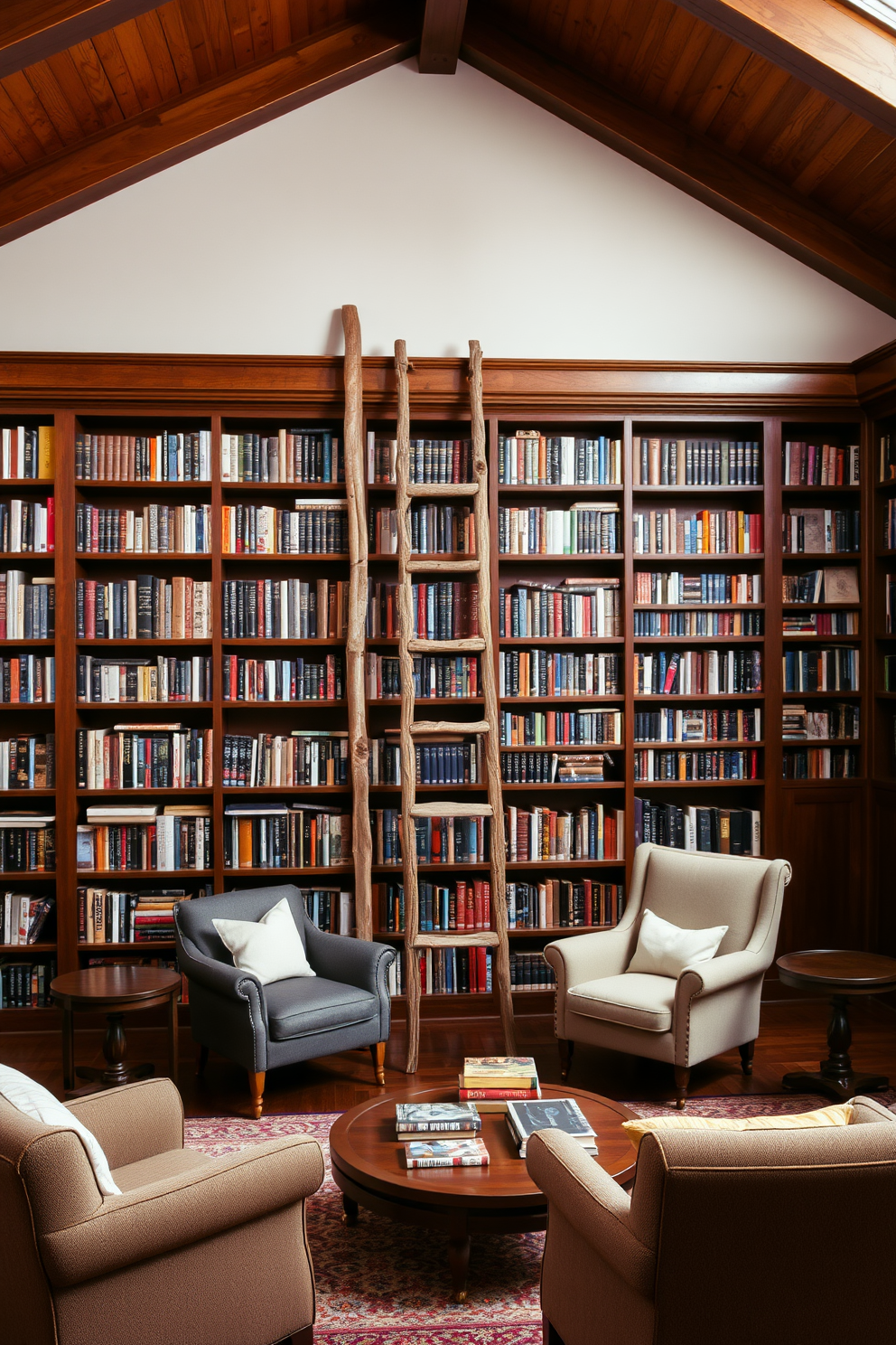 A rustic wooden ladder leans against a wall filled with shelves of books, showcasing a variety of literary genres. The ladder is crafted from reclaimed wood, adding a charming and vintage touch to the home library. The library features warm wooden beams and rich, dark wood bookshelves that stretch from floor to ceiling. Cozy seating areas with plush armchairs are arranged around a central coffee table, inviting readers to relax and enjoy their favorite books.