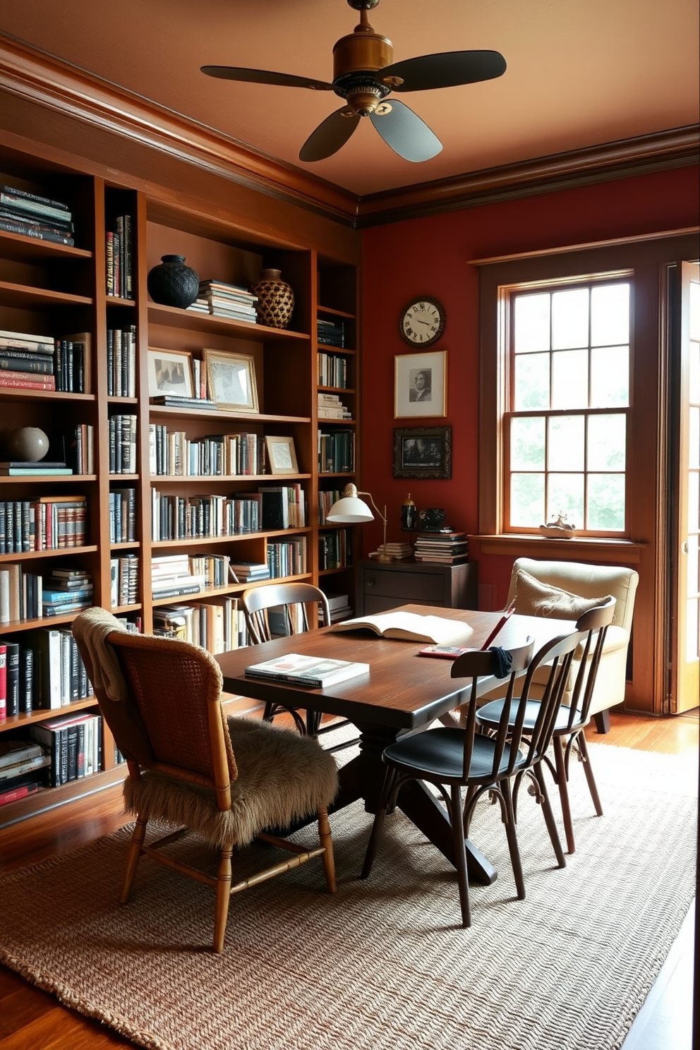 A cozy home library adorned with warm earthy tones on the walls creates an inviting atmosphere. The wooden bookshelves are filled with an eclectic mix of books and decorative items, while a plush armchair sits in the corner, perfect for curling up with a good read. A large window allows natural light to flood the space, highlighting the rich textures of a woven area rug. A rustic wooden table, surrounded by mismatched chairs, serves as a functional workspace for reading and writing.