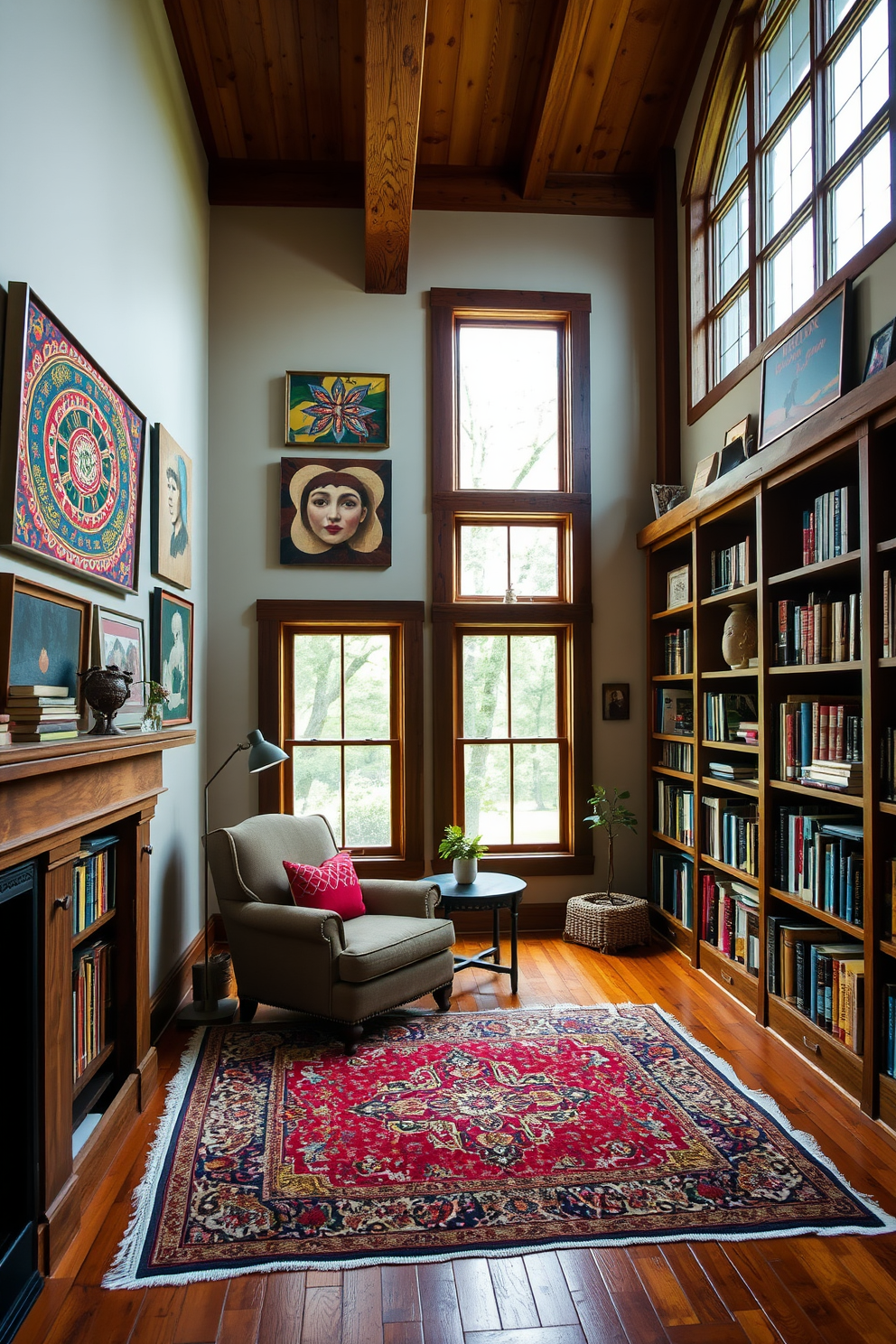 Personalized artwork adorns the walls of the rustic home library, showcasing a blend of vibrant colors and intricate designs that reflect the owner's personality. A cozy reading nook is created with a plush armchair and a small side table, surrounded by shelves filled with books and decorative items. The warm wooden beams of the ceiling complement the rich tones of the hardwood flooring, while large windows allow natural light to flood the space. A vintage rug adds texture and warmth, inviting guests to linger and enjoy the serene atmosphere.