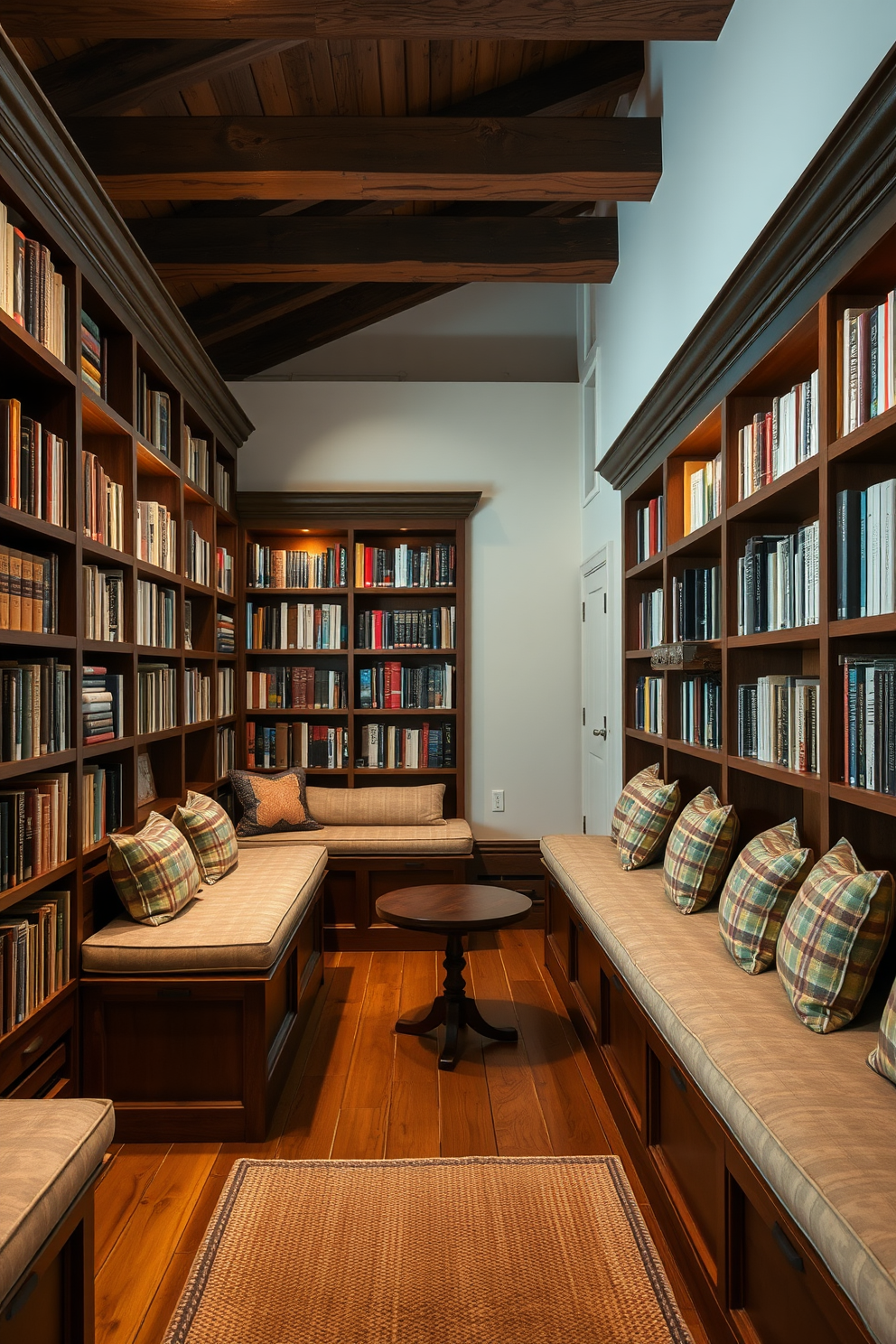 A cozy rustic home library featuring built-in benches with plush cushions along the walls. The space is adorned with wooden bookshelves filled with books and warm ambient lighting creating an inviting atmosphere.