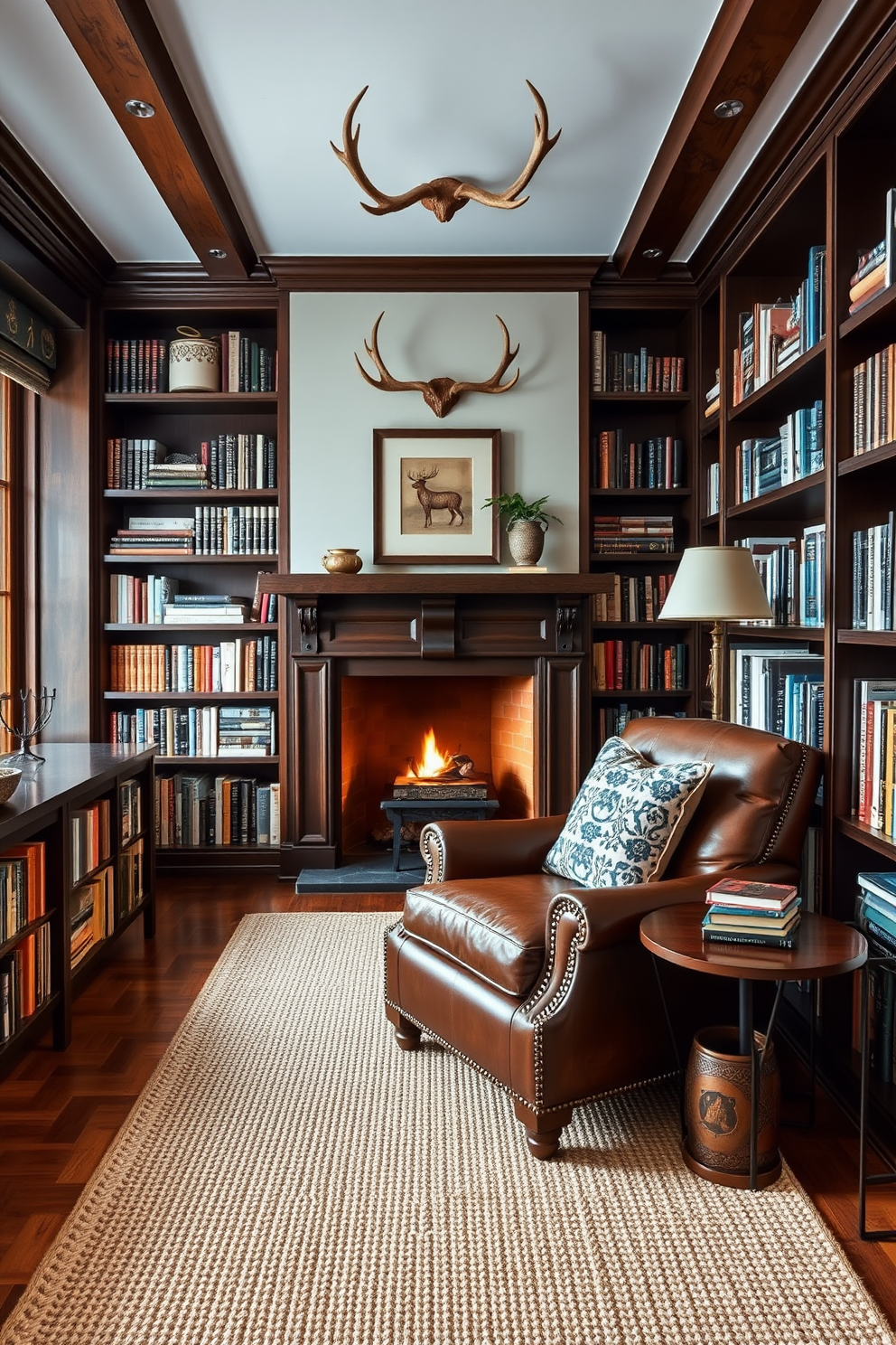 A rustic home library featuring decorative antlers as wall decor. The walls are lined with dark wood bookshelves filled with an eclectic mix of books and decorative items. A large, comfortable leather armchair sits in the corner, inviting readers to relax. A warm, woven rug lies on the hardwood floor, adding texture and warmth to the space.