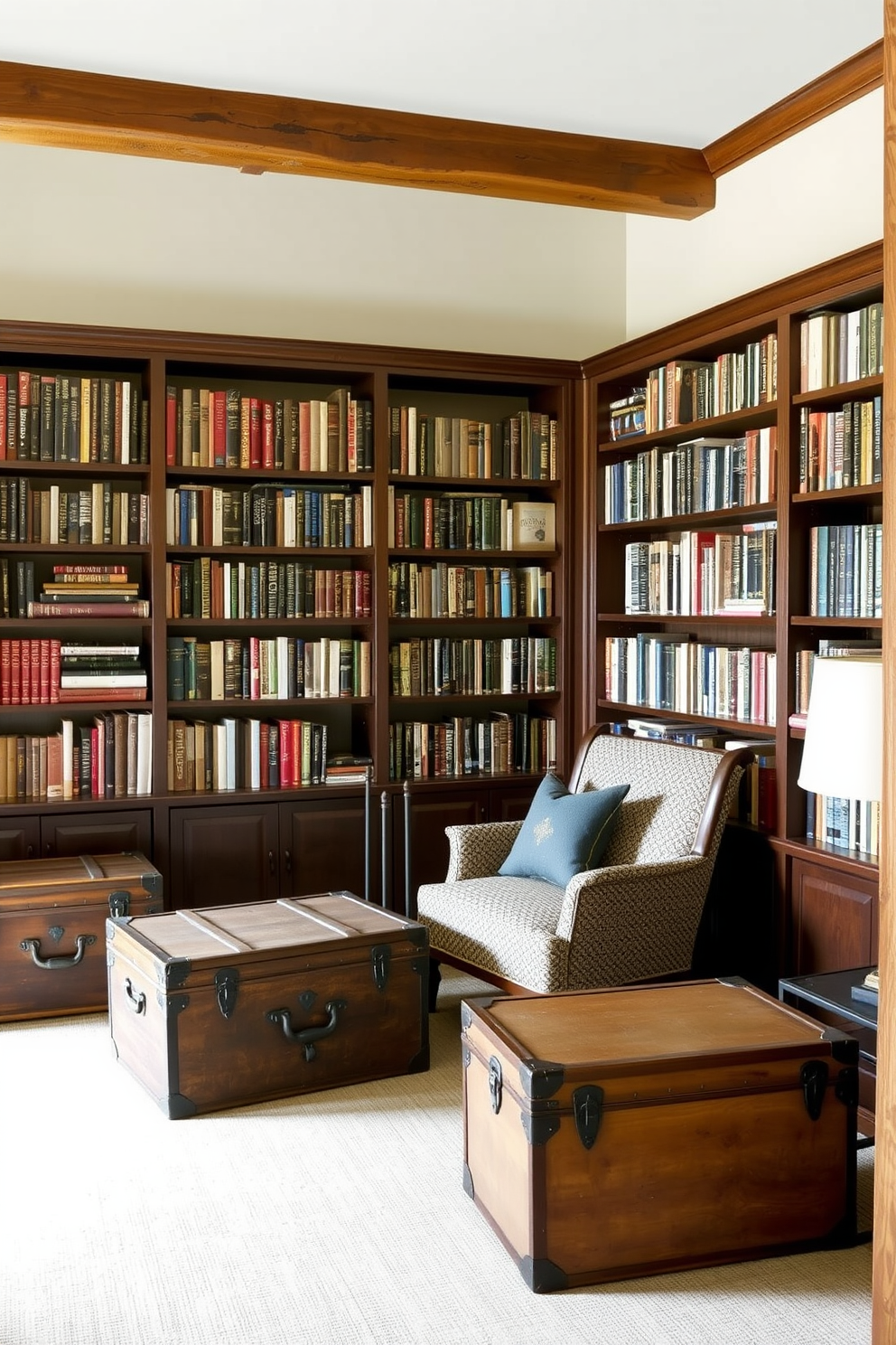 A cozy rustic home library features vintage trunks strategically placed throughout the space for hidden storage. The walls are lined with dark wooden bookshelves filled with an array of books, while a comfortable reading chair sits in the corner, inviting relaxation.