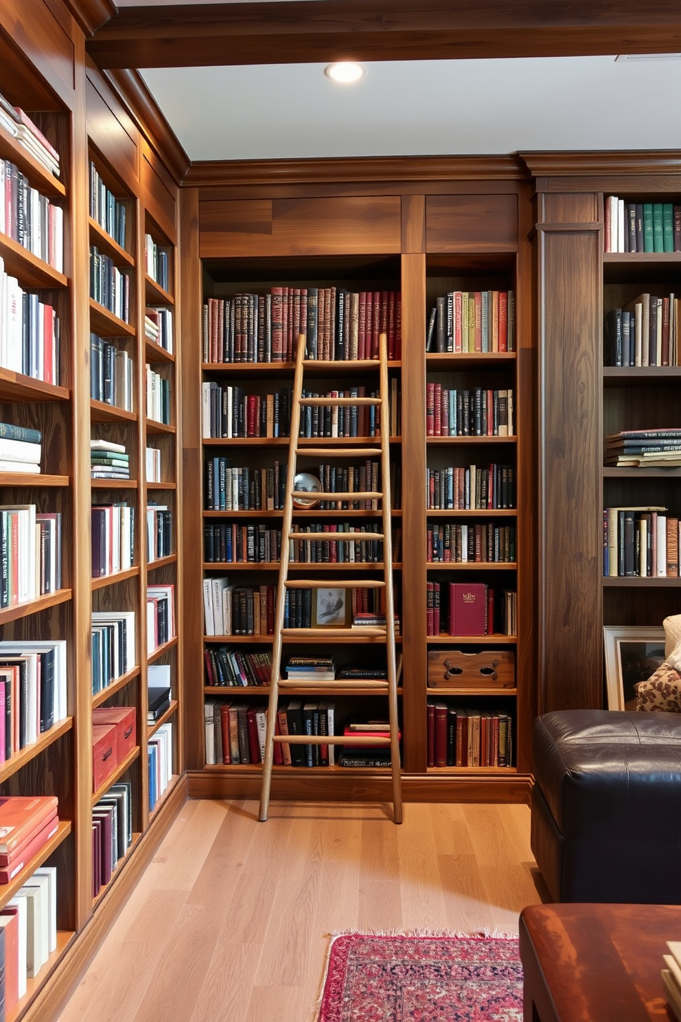 Reclaimed wood bookshelves line the walls of a cozy home library, showcasing an array of books and decorative items. A stylish ladder leans against the shelves, providing easy access to the highest volumes, while warm lighting casts a welcoming glow throughout the space.