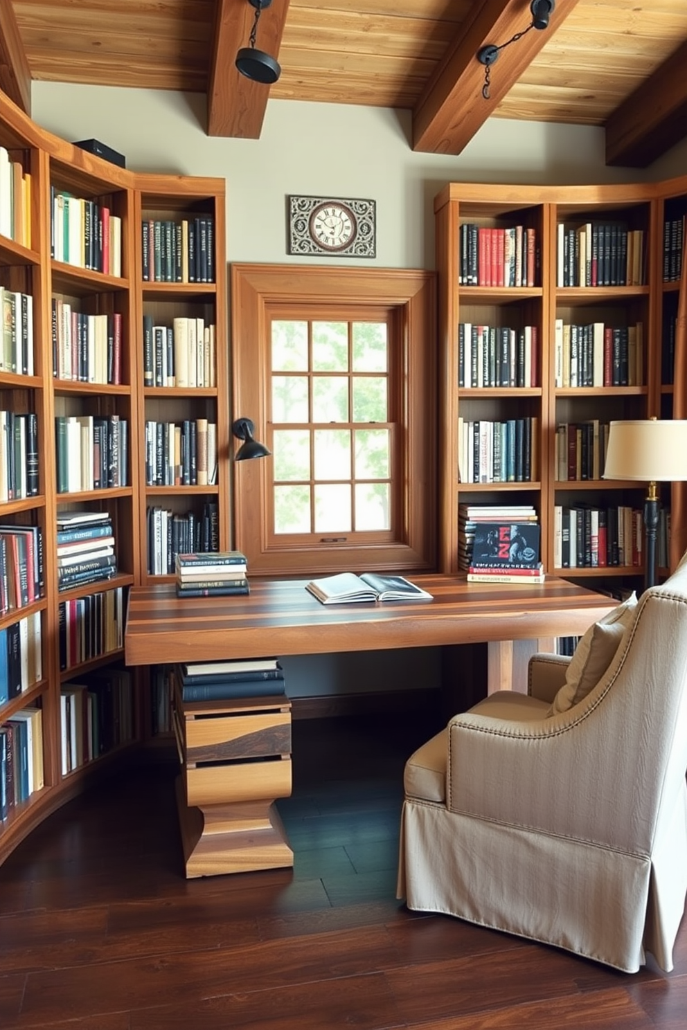 A stylish desk made from reclaimed wood is the centerpiece of a rustic home library. Surrounding the desk are shelves filled with books, and a cozy armchair is positioned nearby for reading.