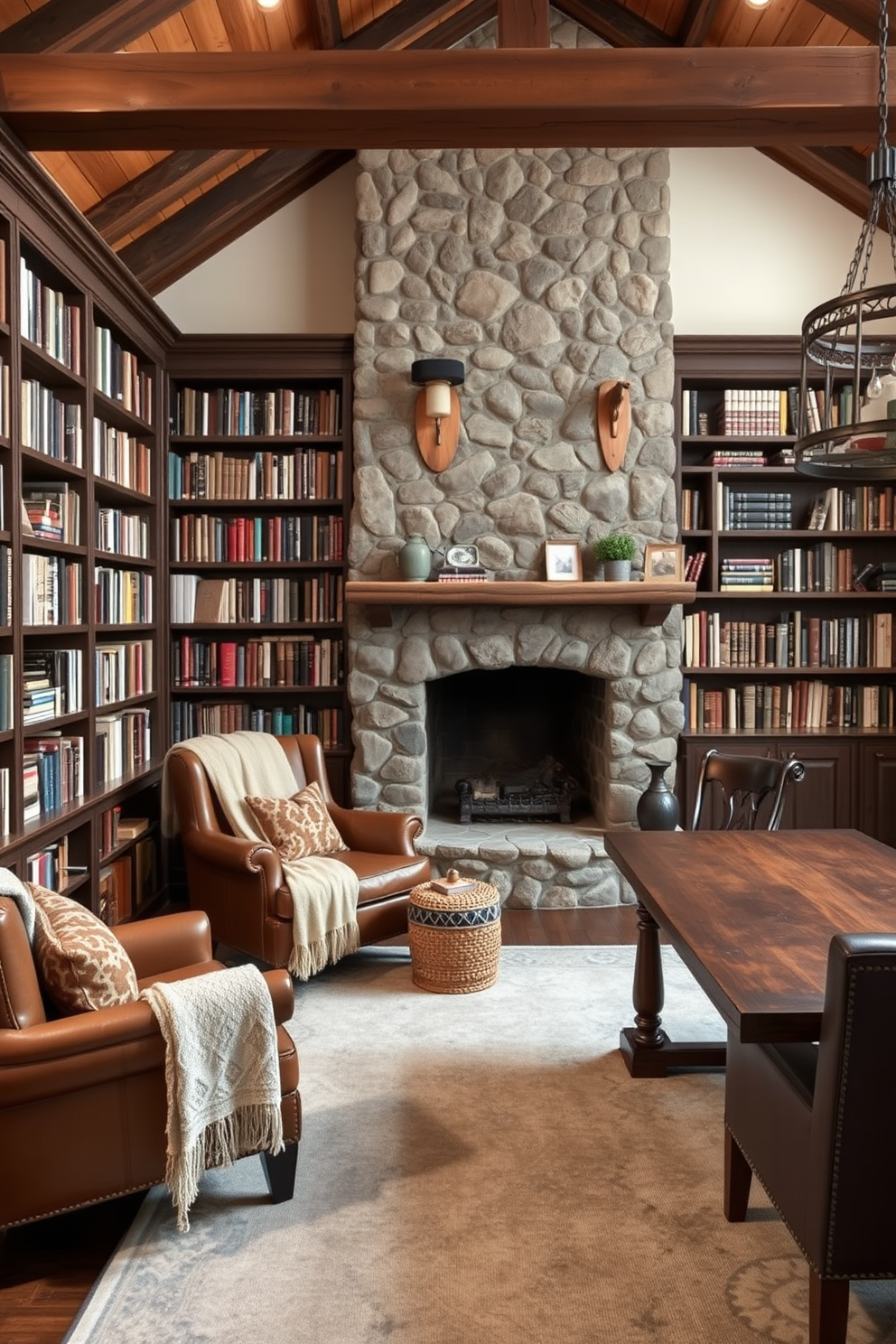 Cozy throw blankets are draped over a plush armchair in a warm and inviting home library. The shelves are filled with an array of books, while a soft rug anchors the space, creating a perfect reading nook. Rustic home library design features exposed wooden beams and a stone fireplace as the focal point. Vintage leather chairs provide comfortable seating, complemented by a large wooden table for study and reflection.