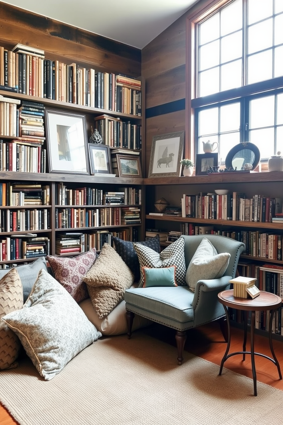 A cozy reading corner filled with oversized pillows in various textures and patterns invites relaxation. A tall bookshelf brimming with books lines the wall, while a soft rug anchors the space beneath a large window that lets in natural light. The rustic home library features reclaimed wood shelves that showcase an eclectic mix of novels and decor. A vintage armchair sits in the corner, accompanied by a small side table for a cup of tea or coffee.