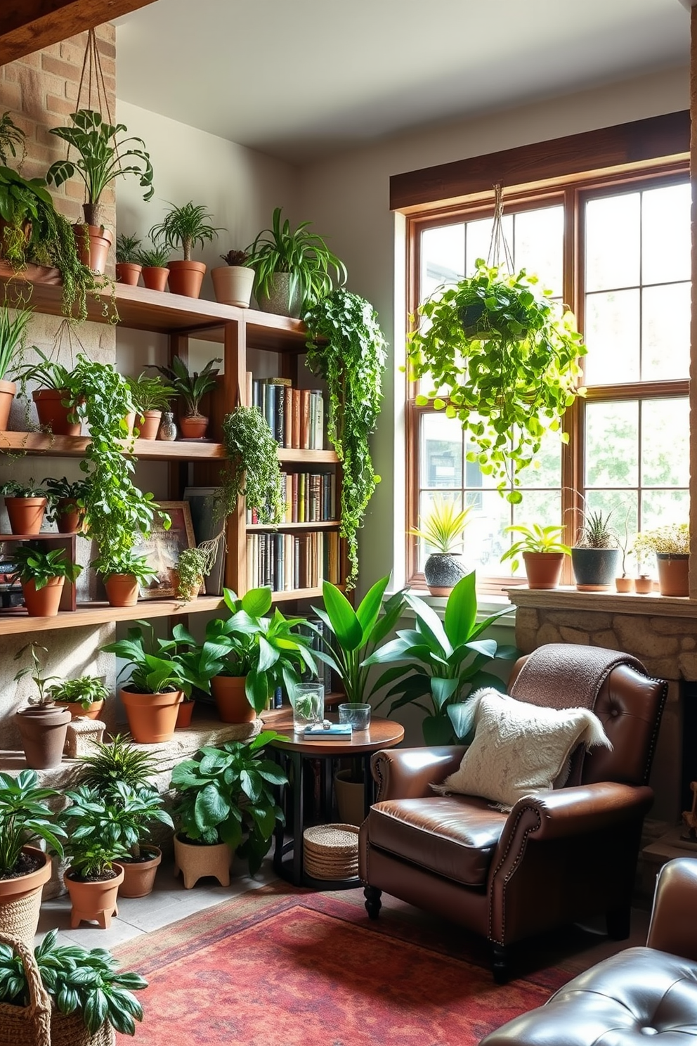 Nature inspired decor with plants. Imagine a cozy living room filled with various indoor plants in terracotta pots, cascading greenery from shelves, and a large window allowing natural light to flood the space. Rustic home library design ideas. Picture a warm and inviting library featuring reclaimed wood shelves filled with books, a plush leather armchair in the corner, and a stone fireplace as the focal point of the room.