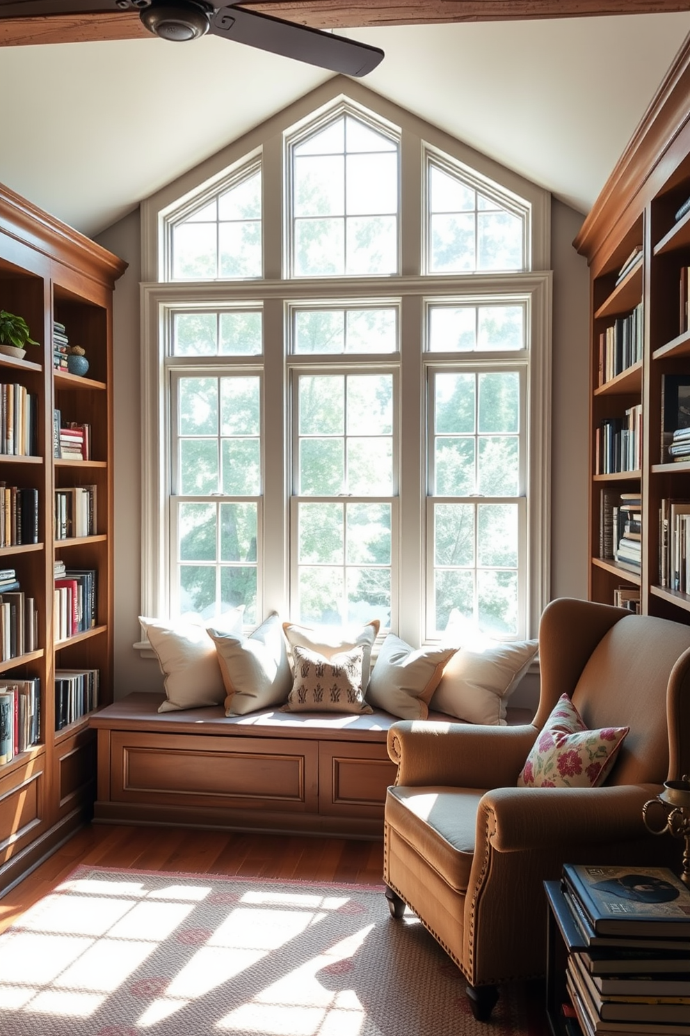 A charming window seat is nestled in a cozy nook, adorned with plush cushions in soft, inviting colors. Sunlight streams through the large windows, illuminating the space and creating a warm, inviting atmosphere. The rustic home library features wooden bookshelves filled with an eclectic mix of books and decor. A large, comfortable armchair sits in the corner, inviting readers to curl up with a good book in a serene environment.