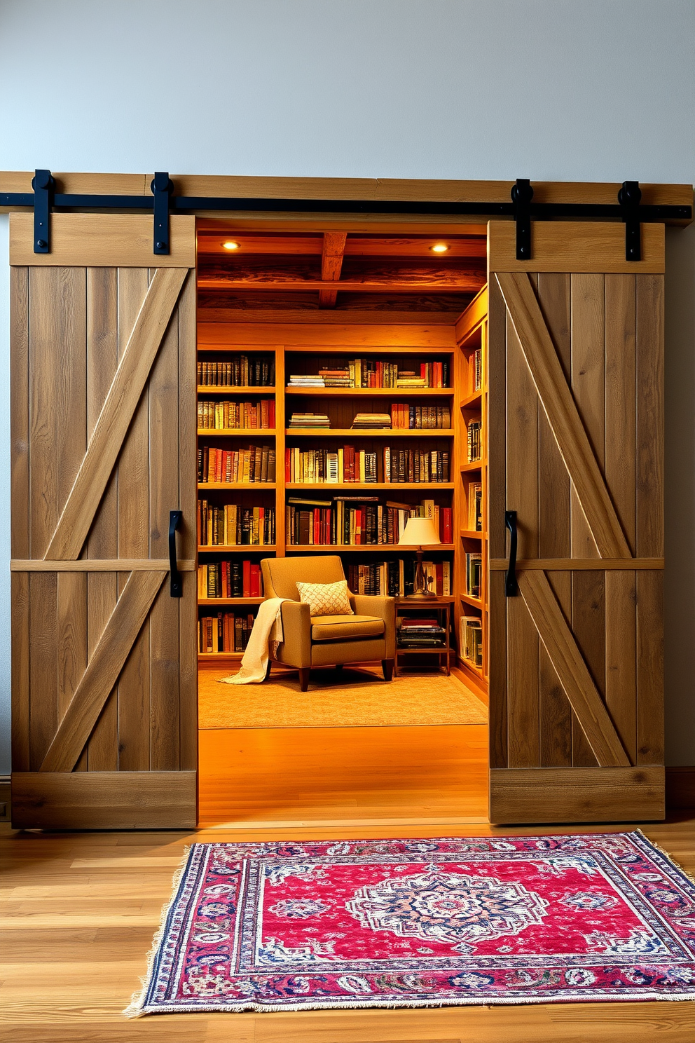 A rustic entrance features sliding barn doors made of reclaimed wood, showcasing natural textures and a weathered finish. The doors slide open to reveal a cozy home library filled with warm lighting and inviting wooden shelves lined with books. The library is designed with a comfortable reading nook, complete with a plush armchair and a small side table. Rich, earthy tones dominate the space, complemented by soft throw blankets and a vintage rug that adds warmth to the wooden floor.