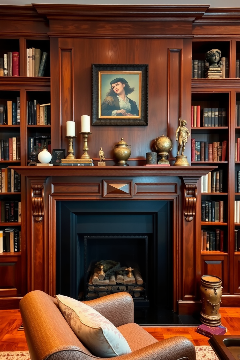 A cozy home library featuring a wooden mantelpiece adorned with decorative items such as books, candles, and small sculptures. The library is filled with rich wooden shelves lined with books, and a comfortable reading chair is positioned nearby, inviting relaxation.