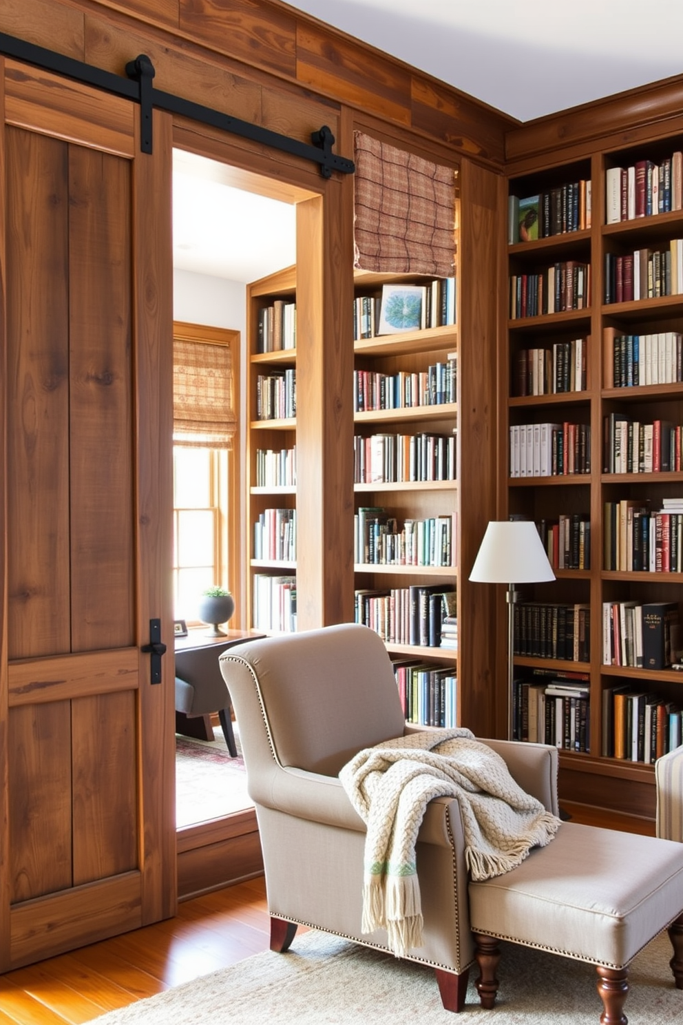 A cozy home library featuring creative use of old barn doors as sliding dividers. The barn doors are weathered wood, adding character to the space while separating reading areas from a small study nook. The library is filled with floor-to-ceiling bookshelves made of reclaimed wood, showcasing an extensive collection of books. A large, comfortable armchair is positioned near a window, inviting relaxation with a warm throw blanket draped over it.