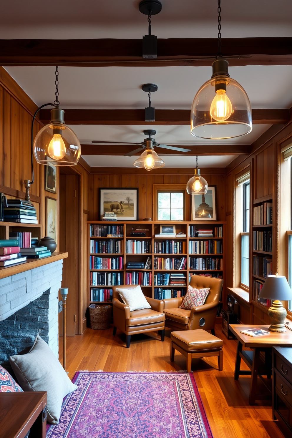 A cozy home library featuring unique light fixtures that exude rustic charm. The room is filled with warm wood tones and a mix of vintage and contemporary furniture, creating an inviting atmosphere. The walls are lined with bookshelves brimming with books, and a comfortable reading nook is set in the corner. Soft, ambient lighting from the distinctive fixtures enhances the rustic aesthetic, making it the perfect space to unwind.