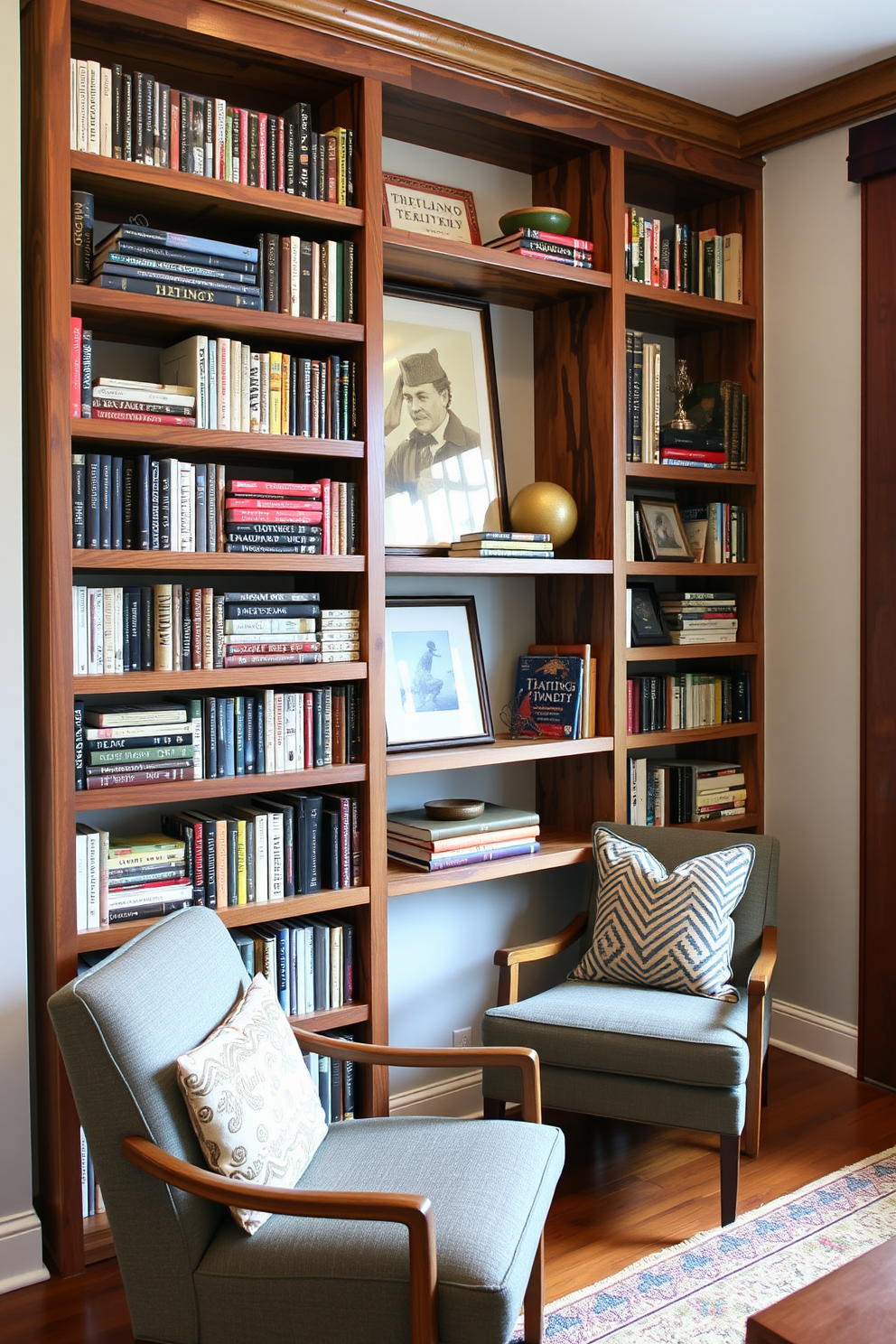 A cozy home library featuring custom shelving that perfectly fits the available wall space. The shelves are made of reclaimed wood, displaying an array of books and decorative items, while a comfortable reading chair is positioned nearby.