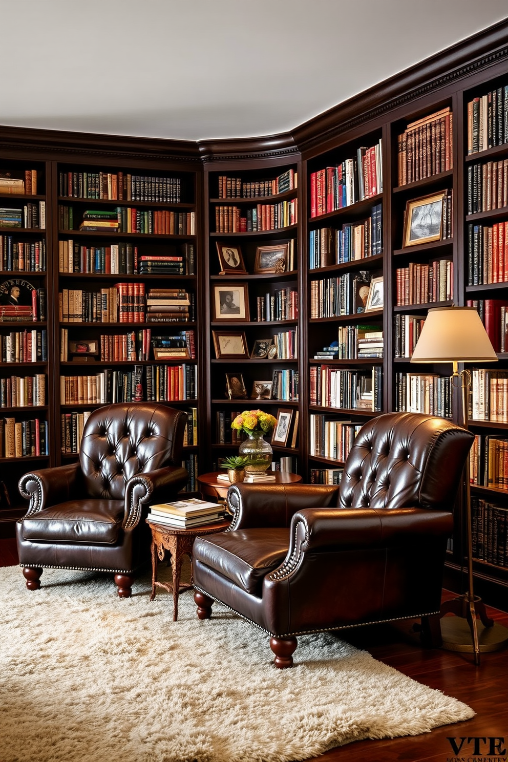 A cozy home library featuring vintage leather armchairs that invite relaxation and reading. The walls are lined with dark wooden bookshelves filled with an eclectic collection of books and decorative items. Soft lighting casts a warm glow over the space, enhancing the rich textures of the leather. A plush area rug anchors the seating area, creating an inviting atmosphere for quiet contemplation.