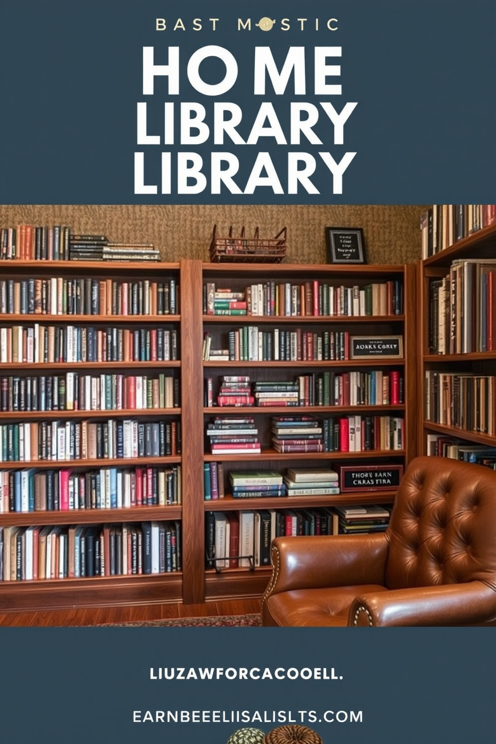 Create a cozy rustic home library featuring textured wall finishes that add depth and character to the space. Include wooden shelves filled with books, a comfortable leather armchair, and warm lighting that enhances the inviting atmosphere.