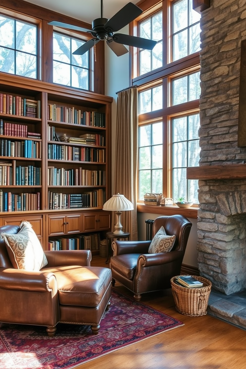 A cozy home library filled with rustic charm. Large windows allow natural light to flood the space, highlighting the warm wooden shelves lined with books. A plush leather armchair is positioned near a stone fireplace, creating an inviting reading nook. Earthy tones and textured fabrics enhance the rustic atmosphere, while a vintage rug adds warmth to the wooden floor.