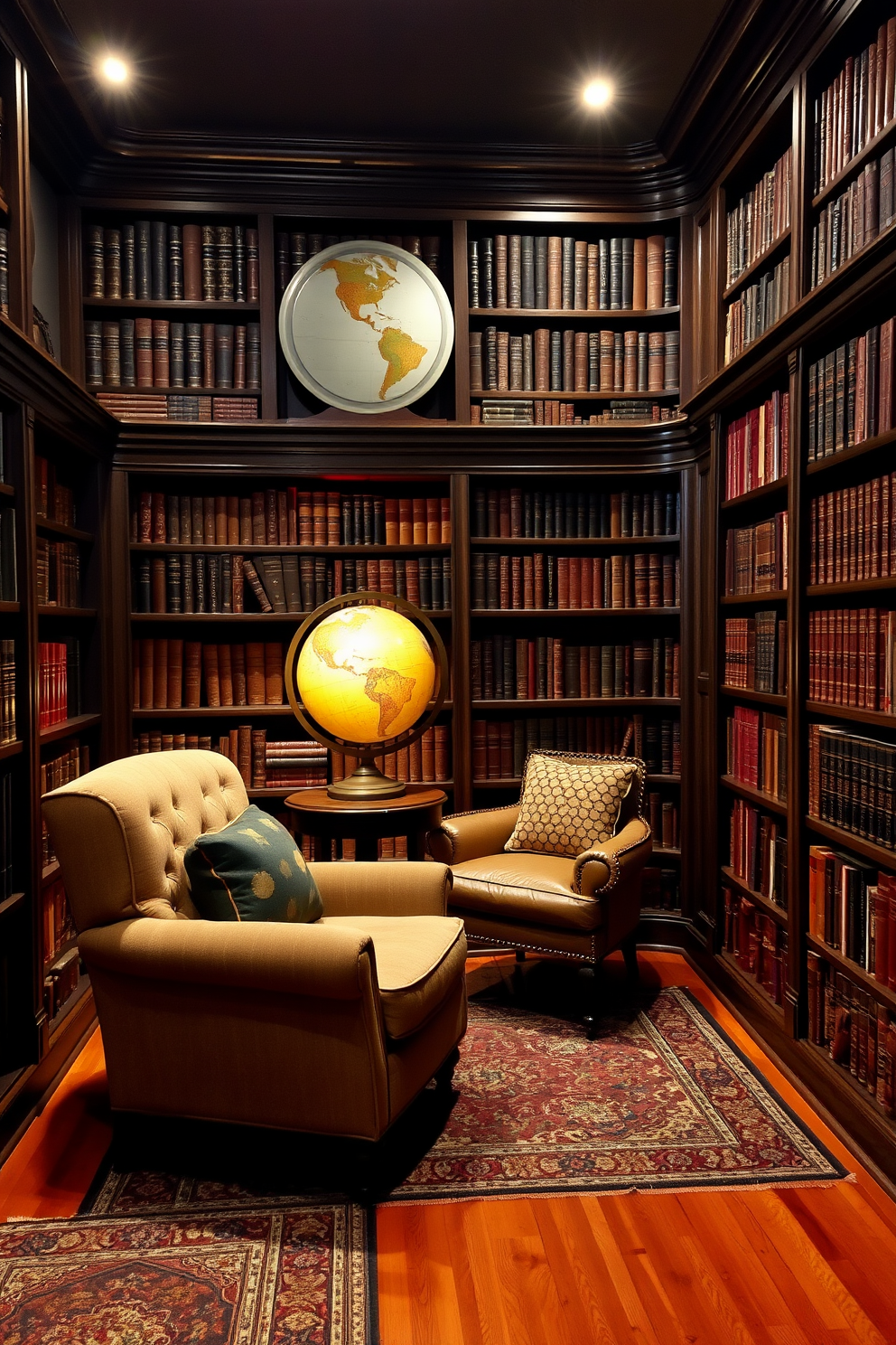 A cozy home library featuring an antique globe as a focal decorative piece. The room is lined with dark wooden bookshelves filled with leather-bound books, and a plush armchair sits in the corner next to a small side table. Soft, warm lighting illuminates the space, creating an inviting atmosphere. A rich, patterned rug covers the hardwood floor, adding texture and warmth to the rustic design.