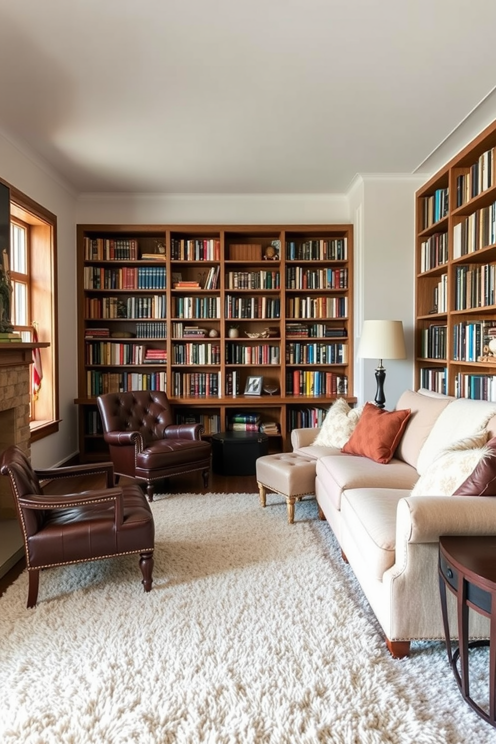 Soft area rugs for warmth and texture. The room features a large plush rug in neutral tones that complements the surrounding furniture. Rustic home library design ideas. The library showcases reclaimed wood bookshelves filled with books, accented by cozy reading nooks with vintage leather chairs.