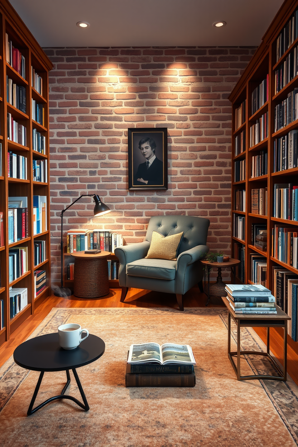 A cozy home library featuring an exposed brick accent wall that adds warmth and texture to the space. Wooden bookshelves line the walls, filled with a collection of books, and a plush armchair sits invitingly in the corner. Soft, ambient lighting illuminates the room, creating a perfect reading nook. A large area rug with earthy tones anchors the space, while a small side table holds a steaming cup of tea and a stack of well-loved novels.