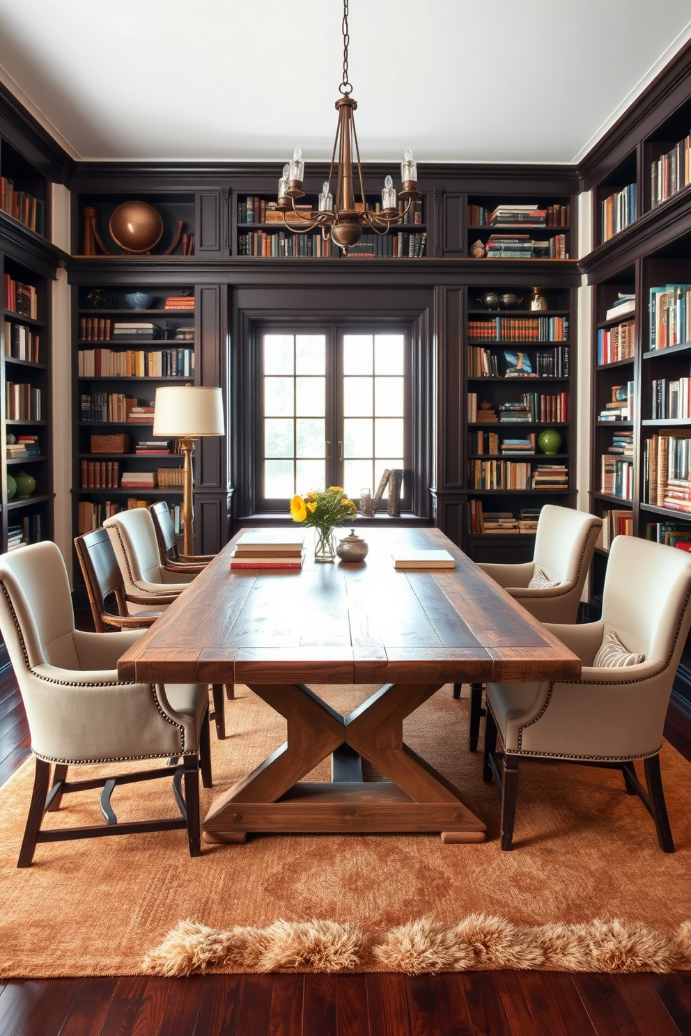 A cozy study space featuring a large farmhouse table made of reclaimed wood with a distressed finish. Surrounding the table are mismatched chairs upholstered in soft, neutral fabrics, creating a warm and inviting atmosphere. The walls of the library are lined with dark wooden bookshelves filled with an array of books and decorative items. A plush area rug in earthy tones anchors the space, while a vintage floor lamp provides soft lighting for reading.