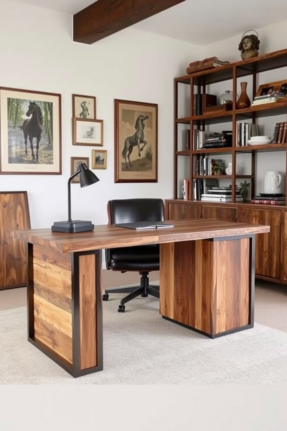 A reclaimed wood desk with sleek metal accents serves as the centerpiece of a rustic home office. The desk is paired with a comfortable leather chair, and the walls are adorned with vintage artwork and shelves filled with books and decorative items.