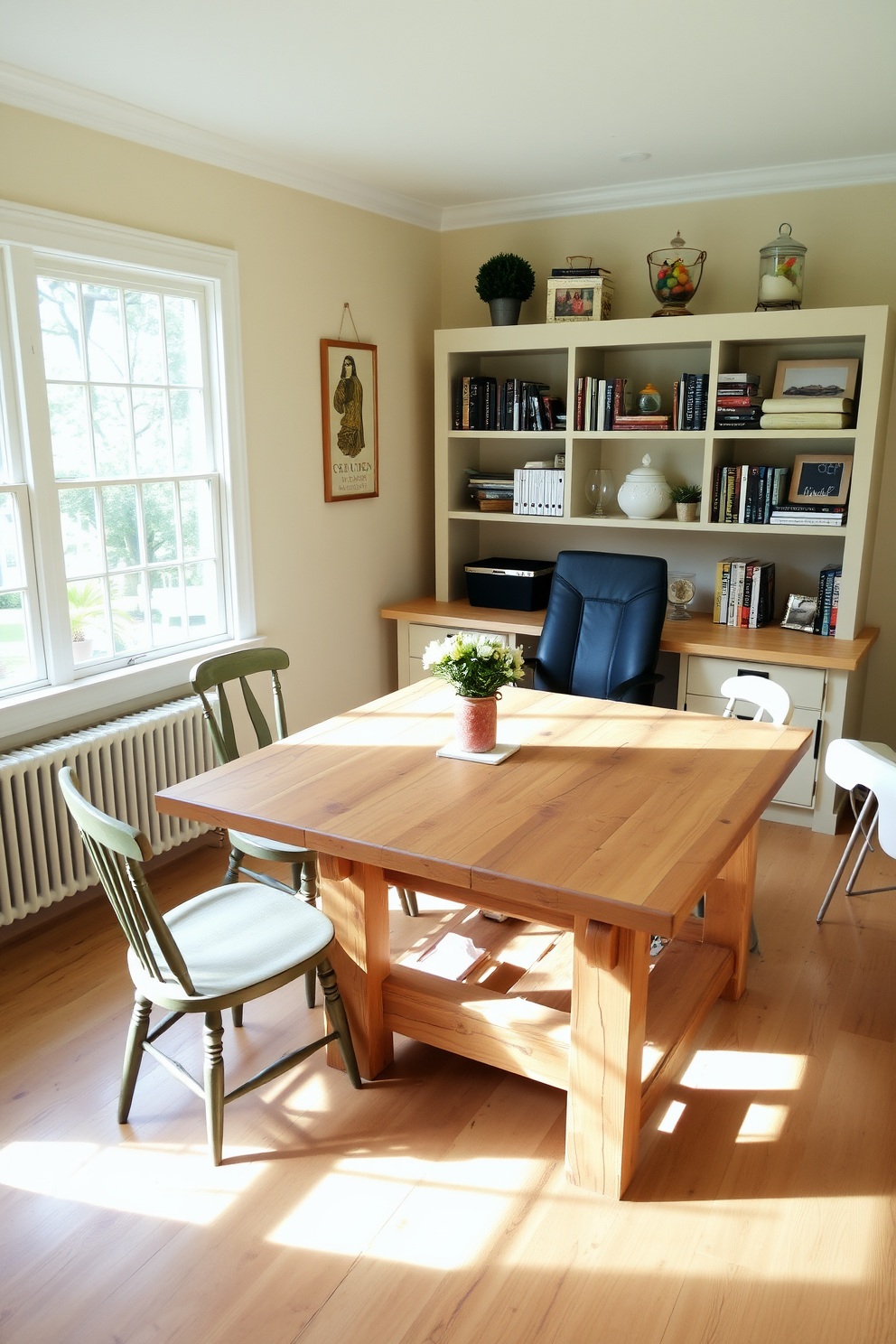 A farmhouse style dining table serves as a spacious desk in a cozy home office. The table is made of reclaimed wood with a natural finish, surrounded by mismatched vintage chairs that add character to the space. The walls are painted in a soft cream color, complemented by open shelving displaying books and decorative items. A large window allows natural light to flood the room, enhancing the warm and inviting atmosphere.