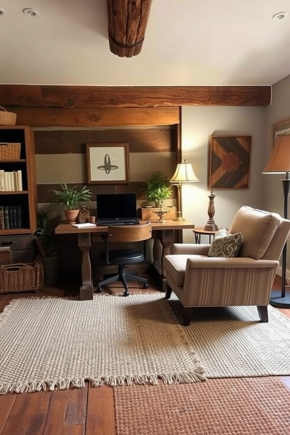 A cozy rustic home office features natural fiber rugs that bring warmth and texture to the space. The room is adorned with reclaimed wood furniture, including a sturdy desk and a comfortable armchair, complemented by soft lighting from a vintage-style lamp.