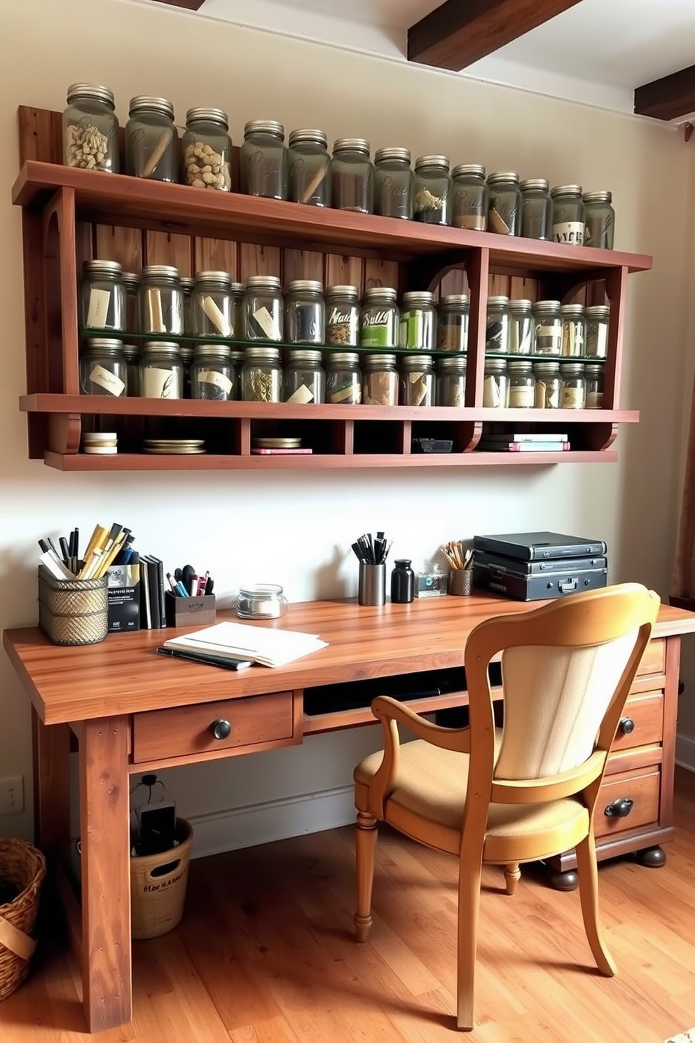 A rustic home office featuring wooden shelves filled with mason jar organizers for desk supplies. The desk is made of reclaimed wood, and a vintage-style chair complements the warm, inviting atmosphere.