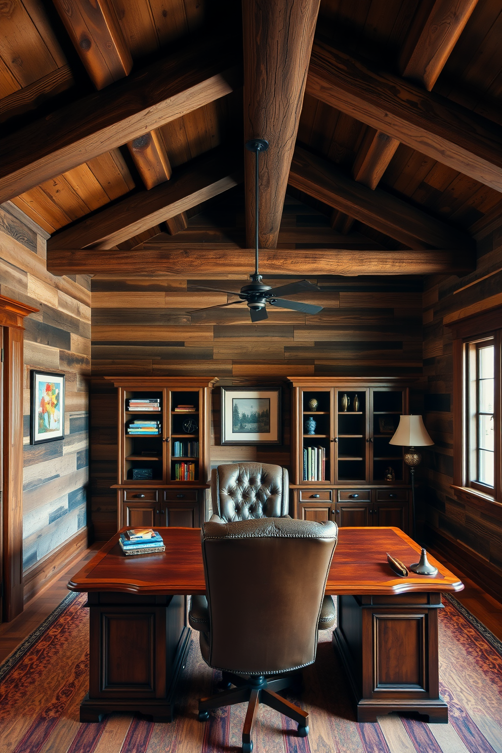 A rustic home office with wooden beams on the ceiling creates a warm and inviting atmosphere. The walls are adorned with reclaimed wood paneling, and a large wooden desk sits in the center, complemented by a comfortable leather chair.