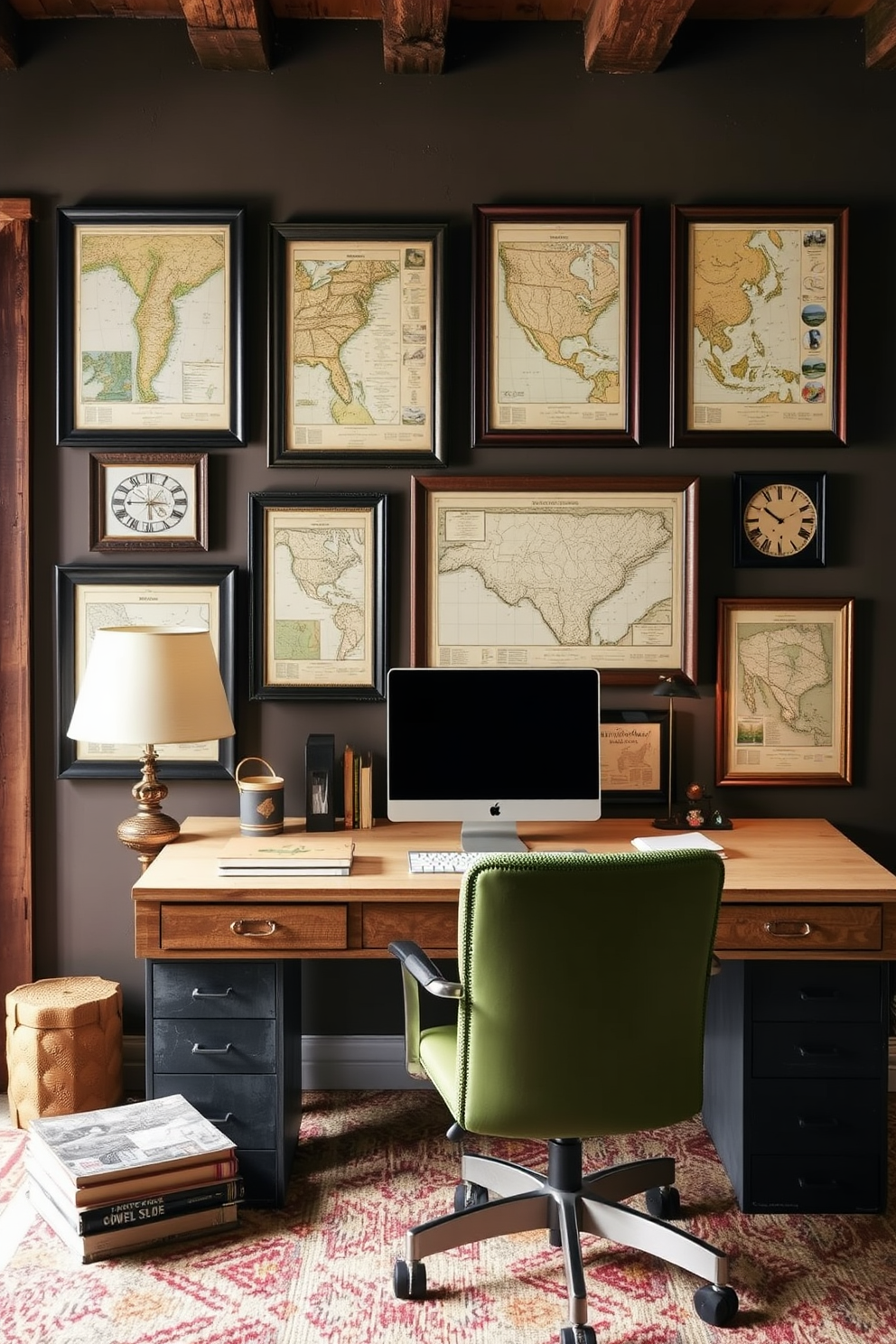 A rustic home office features vintage maps as wall art decor. The walls are adorned with framed maps in various sizes, creating a gallery effect that adds character and charm.