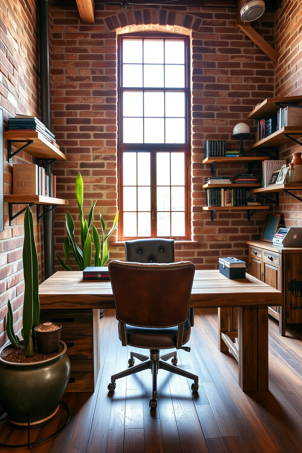 A rustic home office features a large reclaimed wood desk with a vintage leather chair. The walls are adorned with exposed brick and rustic wooden shelves filled with books and decorative items. In the corner, a tall potted succulent adds a touch of greenery to the space. Natural light pours in through a large window, illuminating the warm tones of the wooden furniture and the earthy color palette.