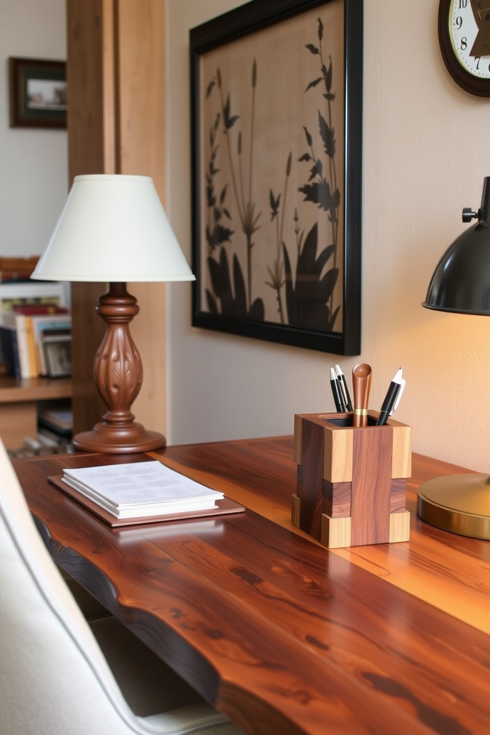 A rustic home office featuring handcrafted wooden desk accessories. The desk is made from reclaimed wood, complemented by a matching wooden organizer and pen holder.