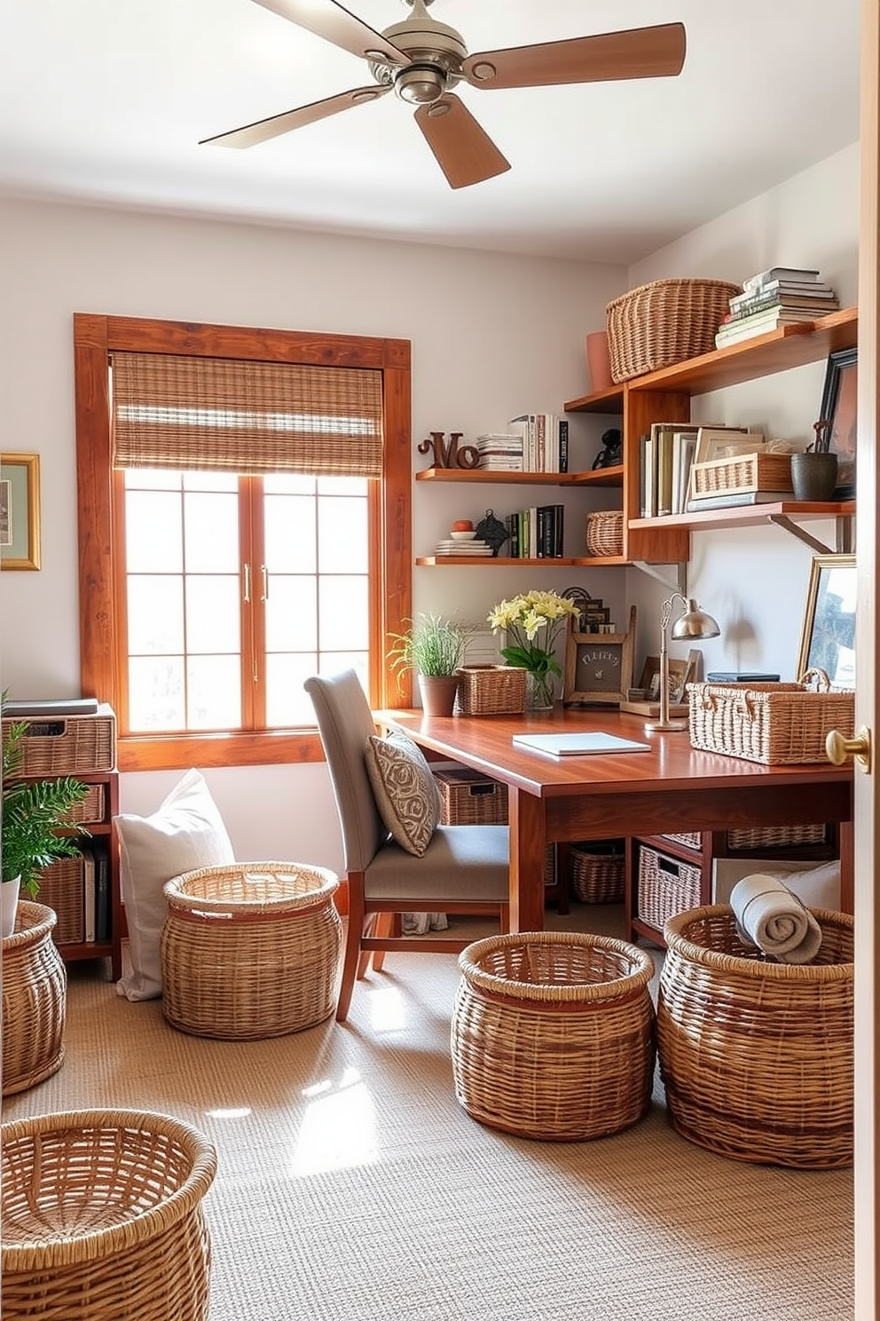 A cozy home office featuring woven baskets as stylish storage solutions. The room is adorned with a wooden desk, a comfortable chair, and shelves lined with books and decorative items. Natural light floods the space through a large window, illuminating the warm tones of the wooden furniture. The woven baskets are placed strategically around the room, adding texture and organization to the rustic aesthetic.