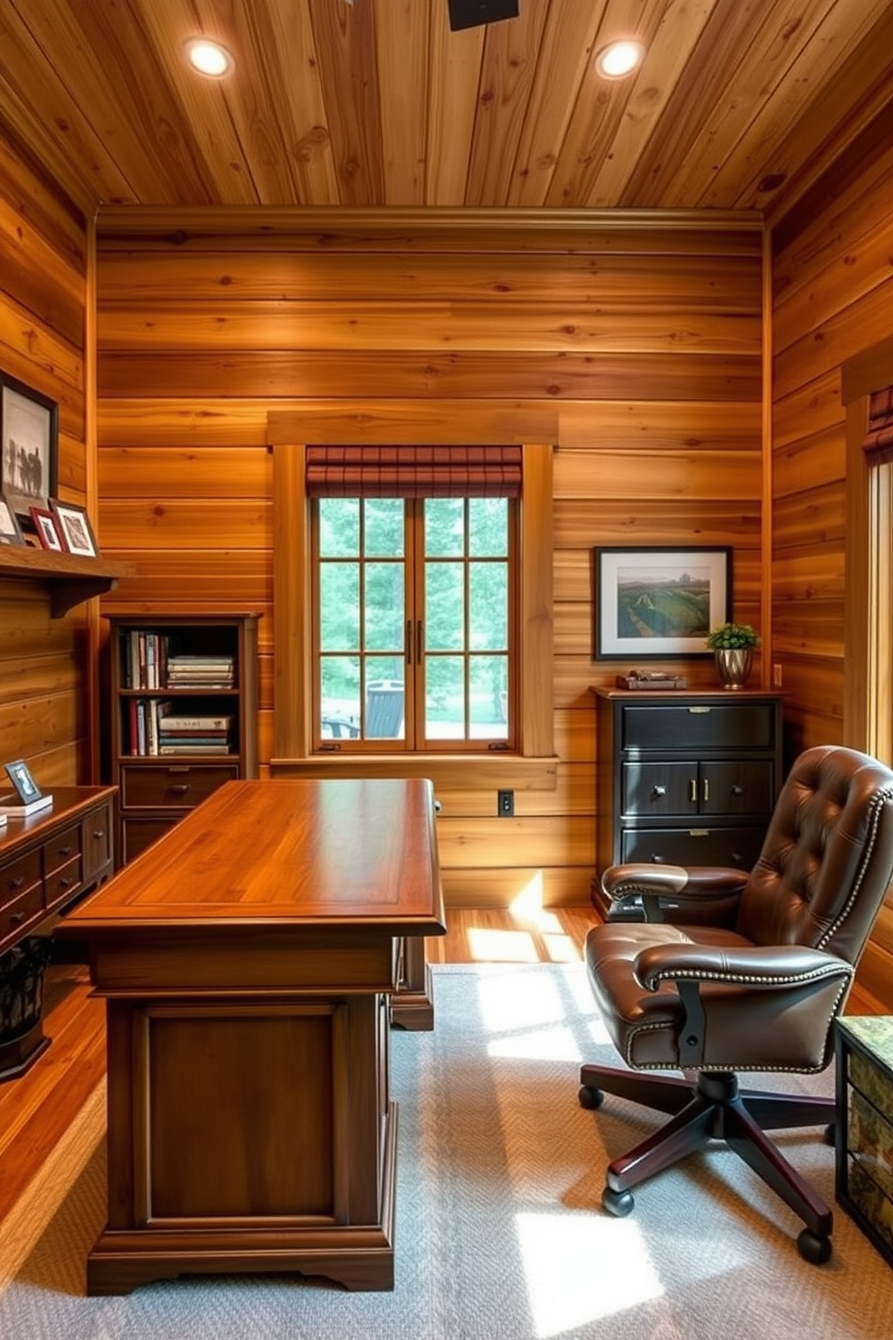 A rustic home office featuring cedar wood paneling that adds warmth and character to the space. The room includes a large wooden desk with a distressed finish and a comfortable leather chair for a cozy work environment.