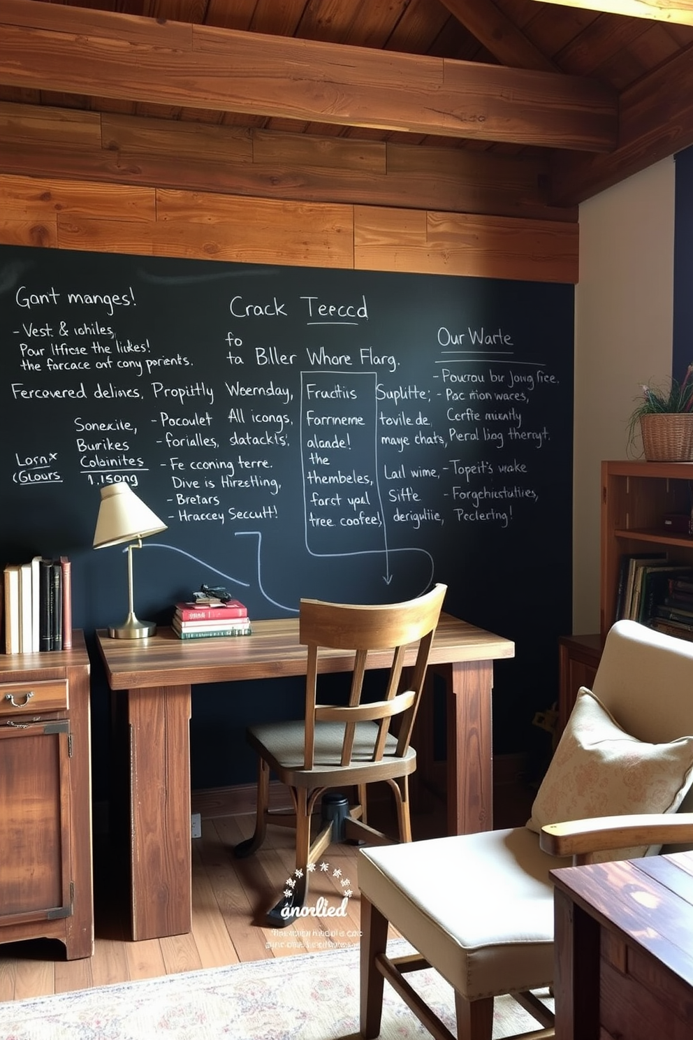 A rustic home office features a chalkboard wall that serves as a creative space for notes and ideas. The room is adorned with reclaimed wood furniture, including a sturdy desk and a comfortable chair, creating a warm and inviting atmosphere.