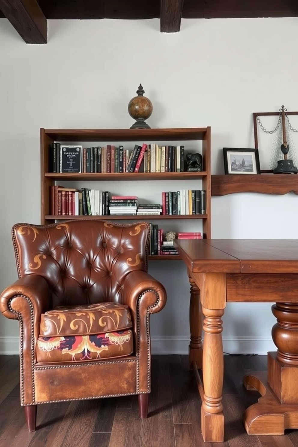 A vintage leather chair with a distressed finish sits comfortably next to a sturdy wooden table, showcasing a warm, inviting atmosphere. The walls are adorned with rustic wooden shelves filled with books and decorative items, enhancing the charm of the space.