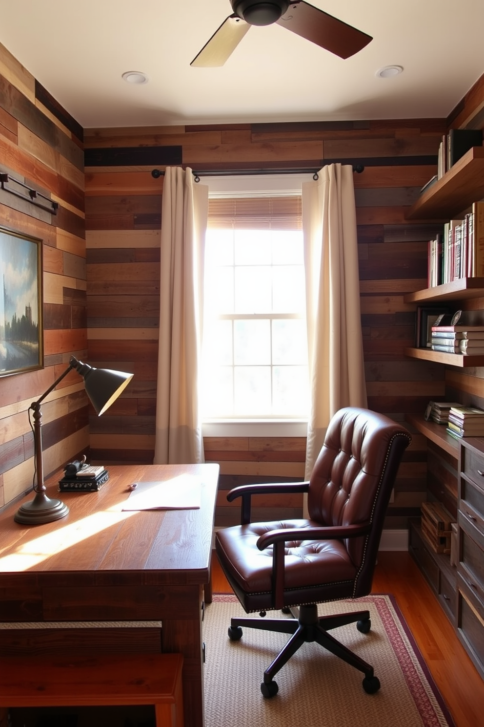 A cozy home office featuring recycled wood planks as wall decor creates a warm and inviting atmosphere. The desk is made from reclaimed wood, paired with a comfortable leather chair and a vintage-style lamp for added charm. Natural light floods the space through a large window adorned with simple linen curtains. Shelves made from the same recycled wood display books and personal items, adding character to the rustic design.