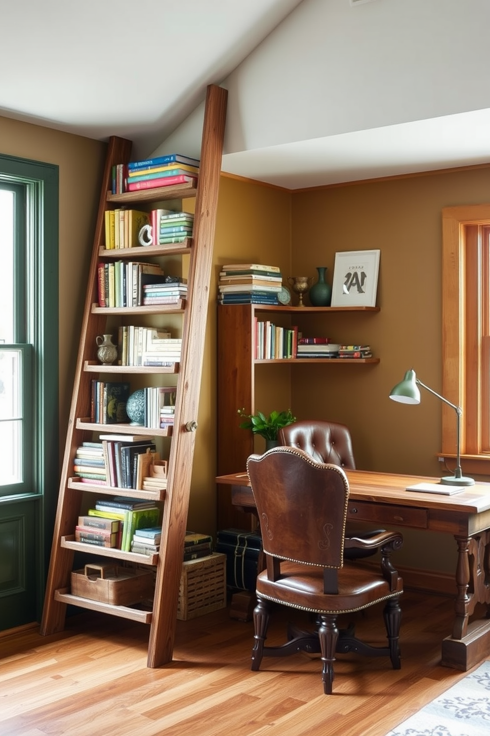 A rustic wooden ladder leans against a wall, adorned with an array of colorful books and decorative items. The ladder's weathered finish complements the warm tones of the surrounding room, creating a cozy and inviting atmosphere. The home office features a reclaimed wood desk paired with a vintage leather chair, exuding charm and character. Natural light streams in through a large window, illuminating the space and highlighting the earthy color palette of greens and browns.