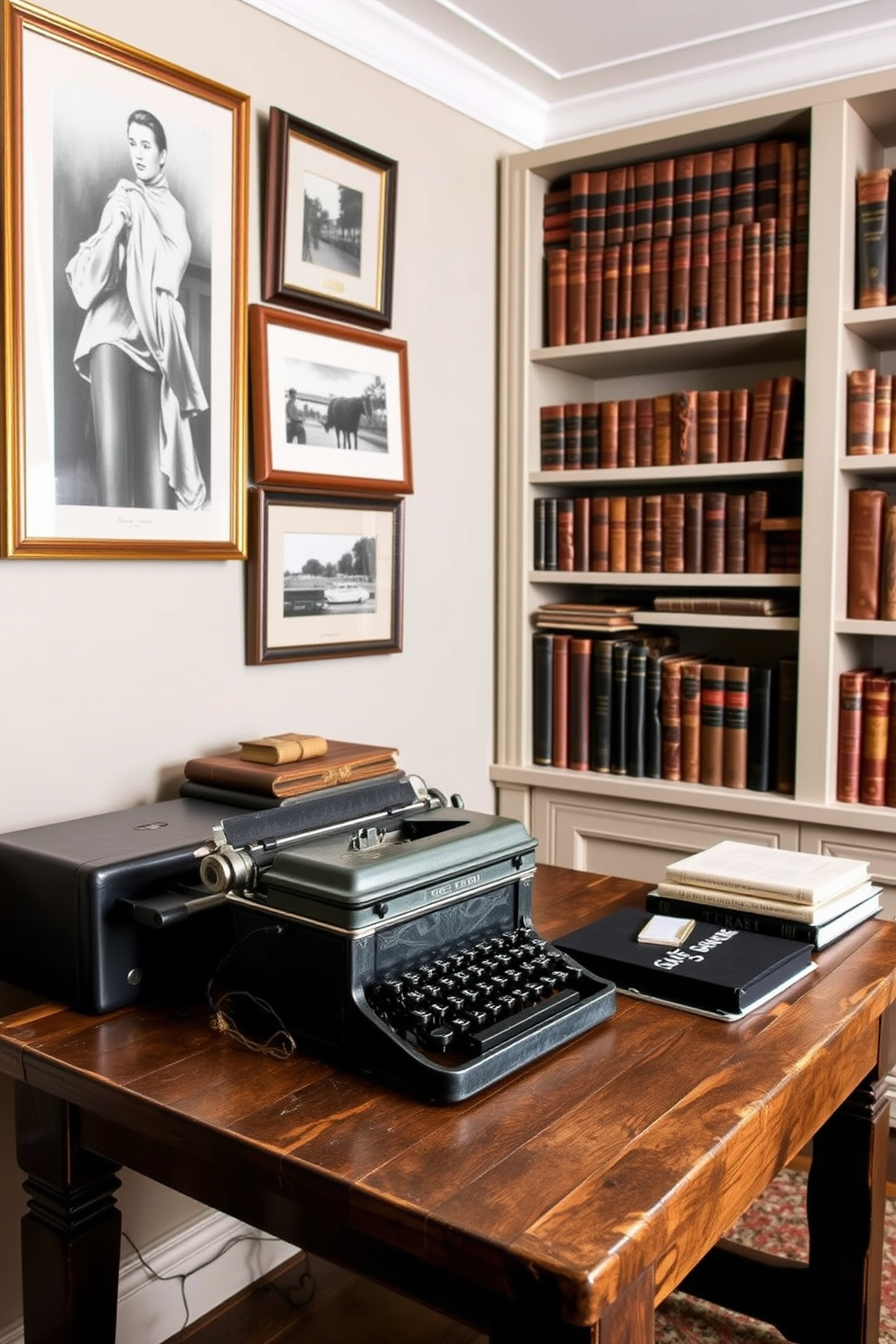 A rustic home office features an antique typewriter as a decorative centerpiece on a reclaimed wood desk. The walls are adorned with vintage bookshelves filled with leather-bound books and framed black-and-white photographs.