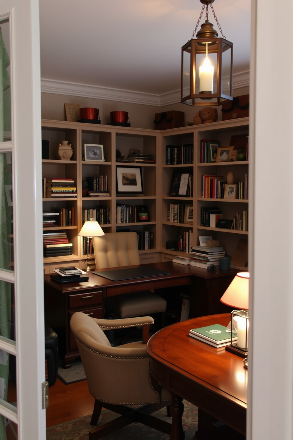 A cozy home office with soft lighting created by stylish table lamps and decorative lanterns. The room features a large wooden desk with a comfortable chair, surrounded by shelves filled with books and personal items.