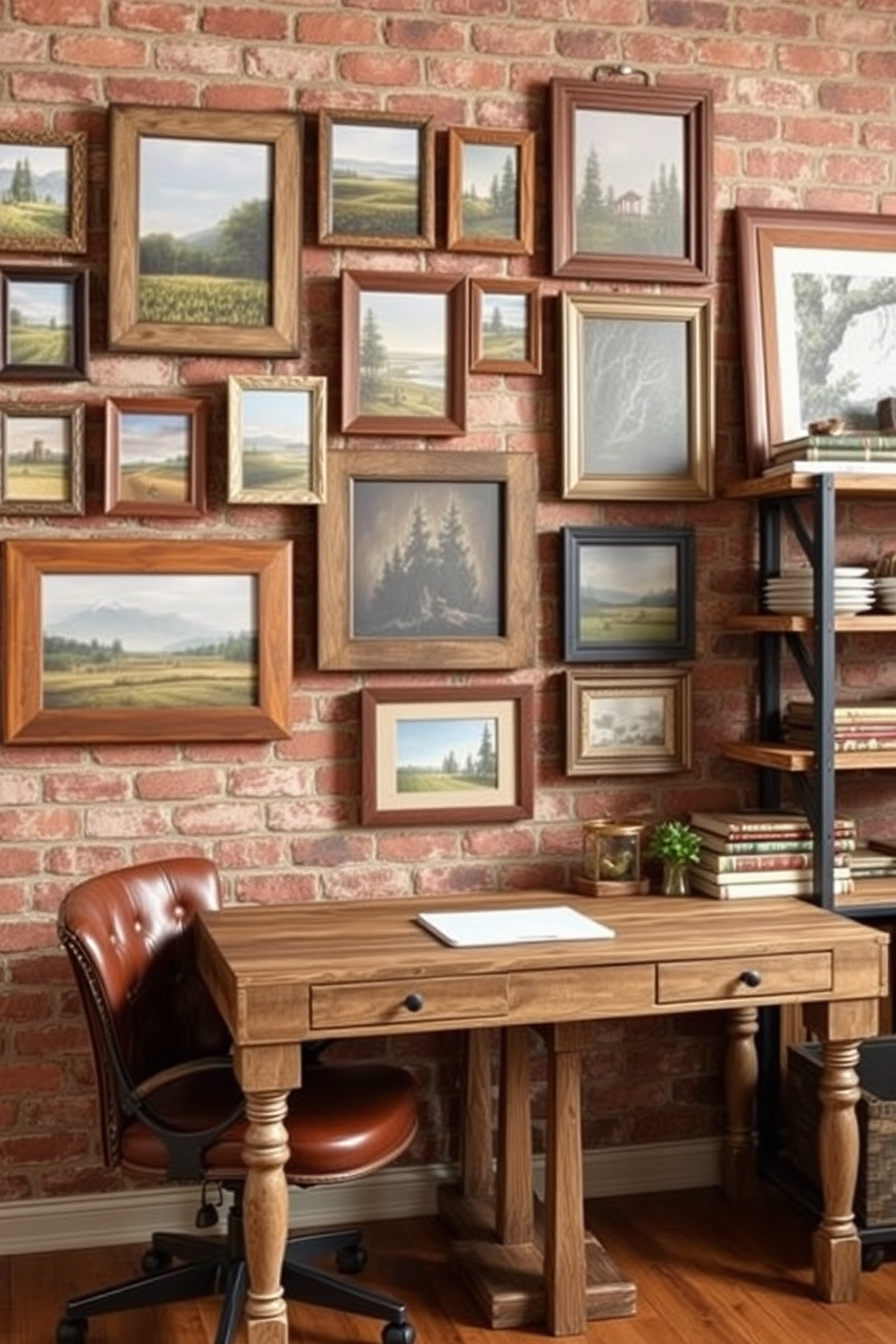 A gallery wall featuring an eclectic mix of framed rustic art pieces creates a warm and inviting atmosphere. The wall is adorned with various sizes of wooden frames showcasing landscapes and nature-inspired artwork. In the rustic home office, a reclaimed wood desk sits against a textured brick wall. A vintage leather chair complements the desk, while shelves made from distressed wood display books and decorative items.