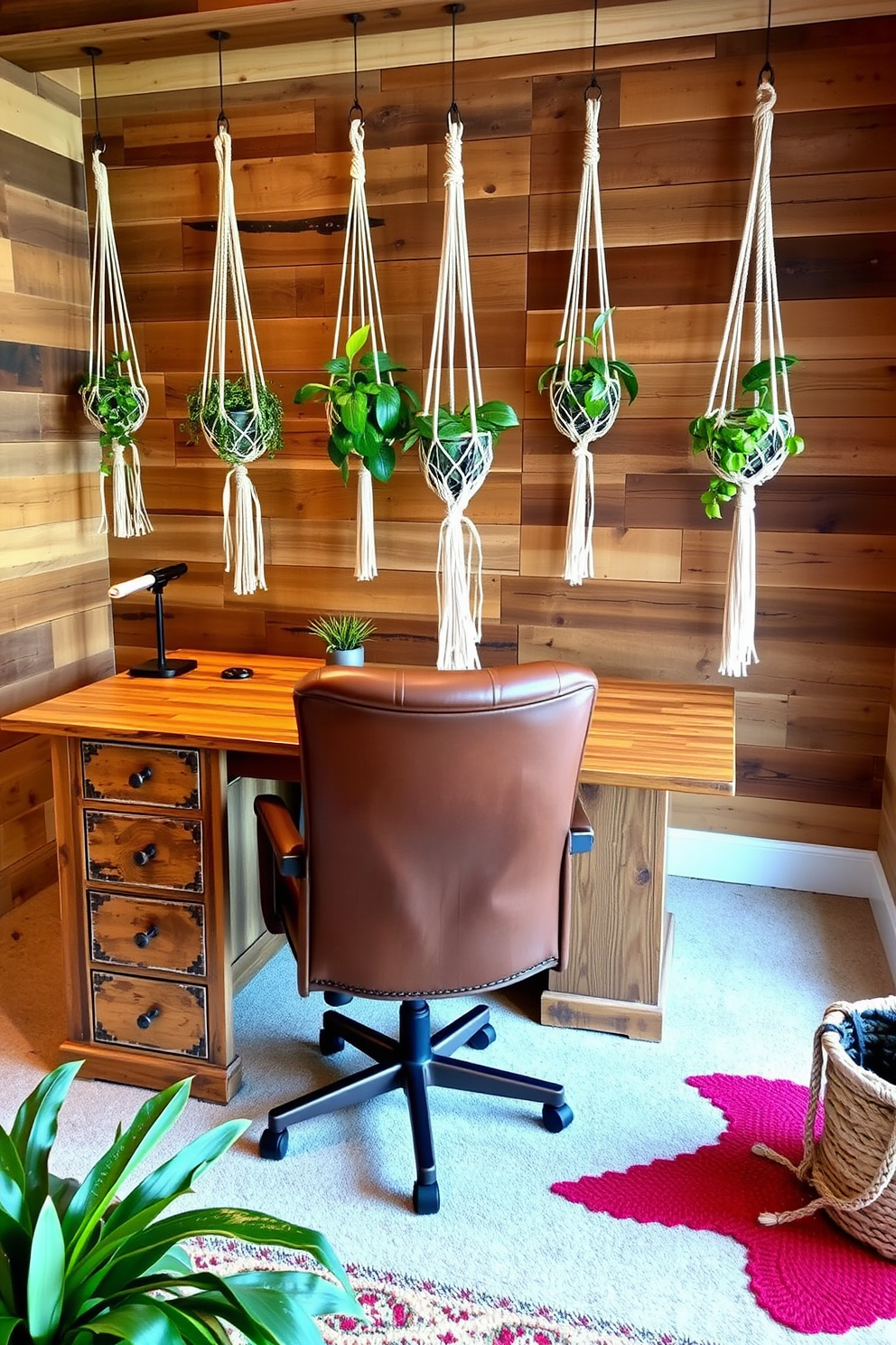 A rustic home office design features a large wooden desk with a distressed finish and a comfortable leather chair. The walls are adorned with reclaimed wood panels, and hanging plants in macrame holders bring a natural vibe to the space.