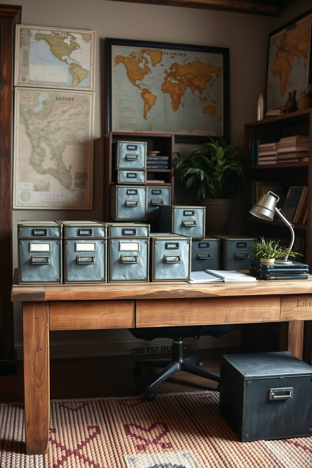 A rustic home office setting featuring metal filing boxes neatly arranged on a reclaimed wood desk. The walls are adorned with vintage maps and the floor is covered in a warm, textured rug that adds to the cozy atmosphere.